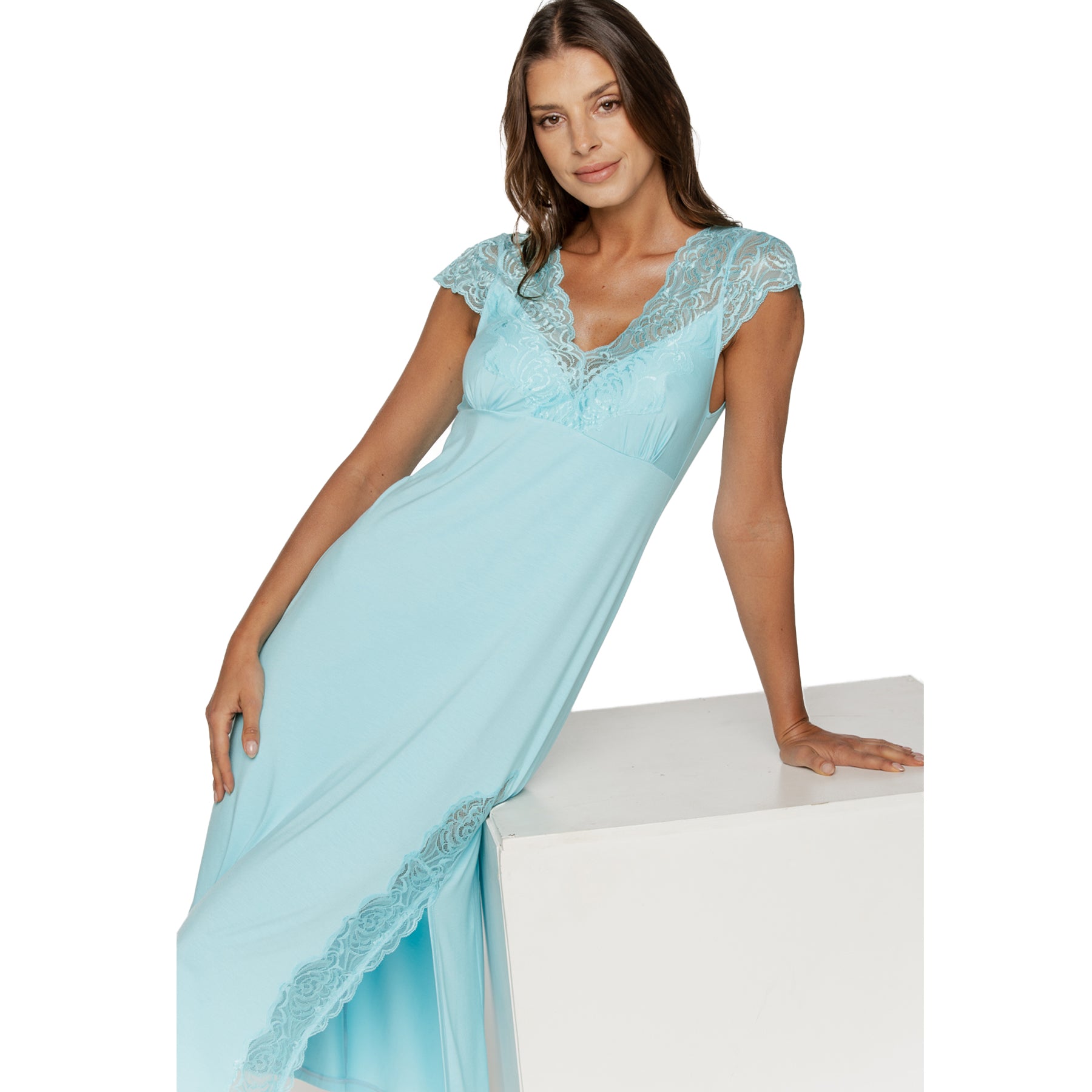 Light blue lace-trimmed nightdress with side slit, shown in a relaxed seated pose