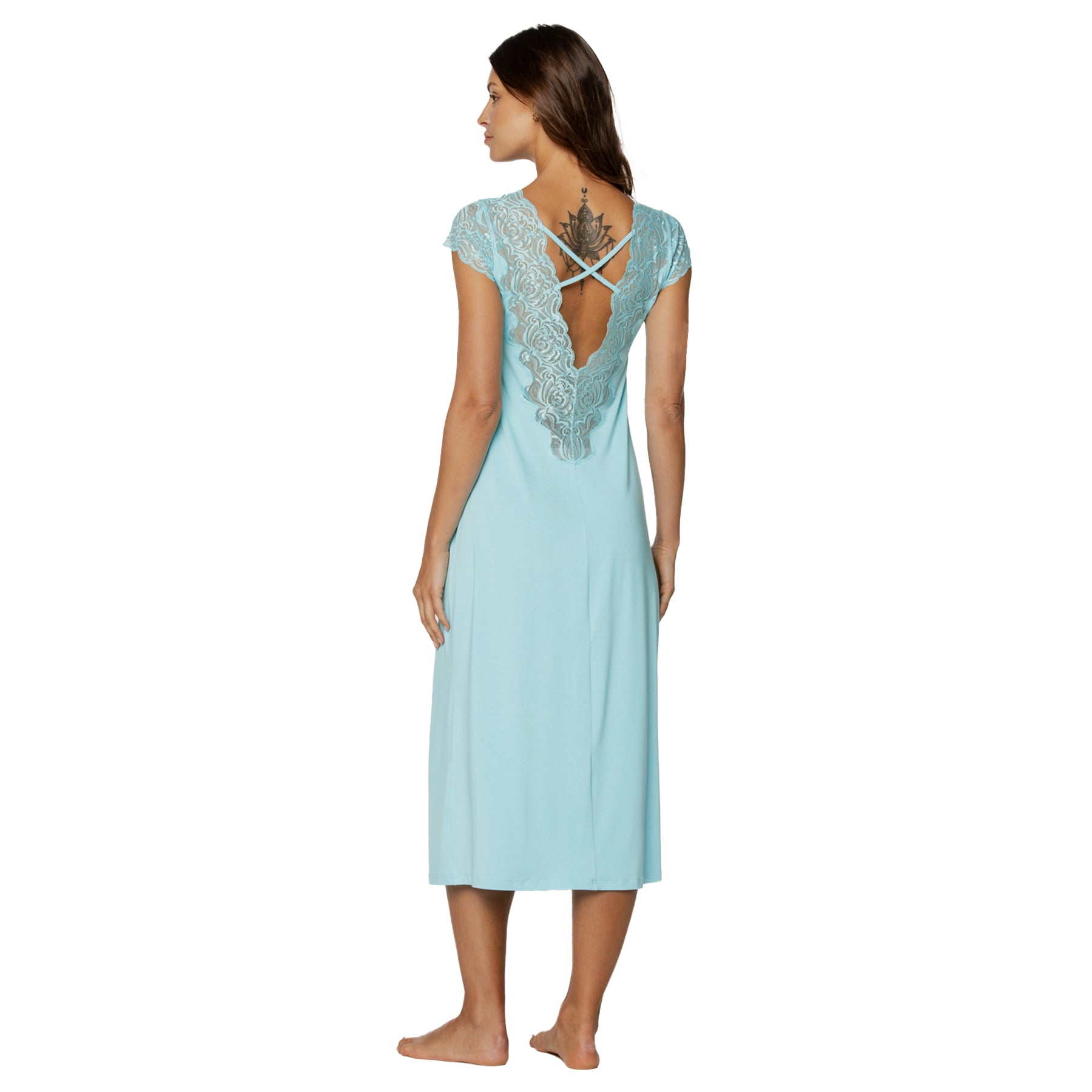 Back view of blue midi nightdress with deep lace panel and criss-cross strap detail