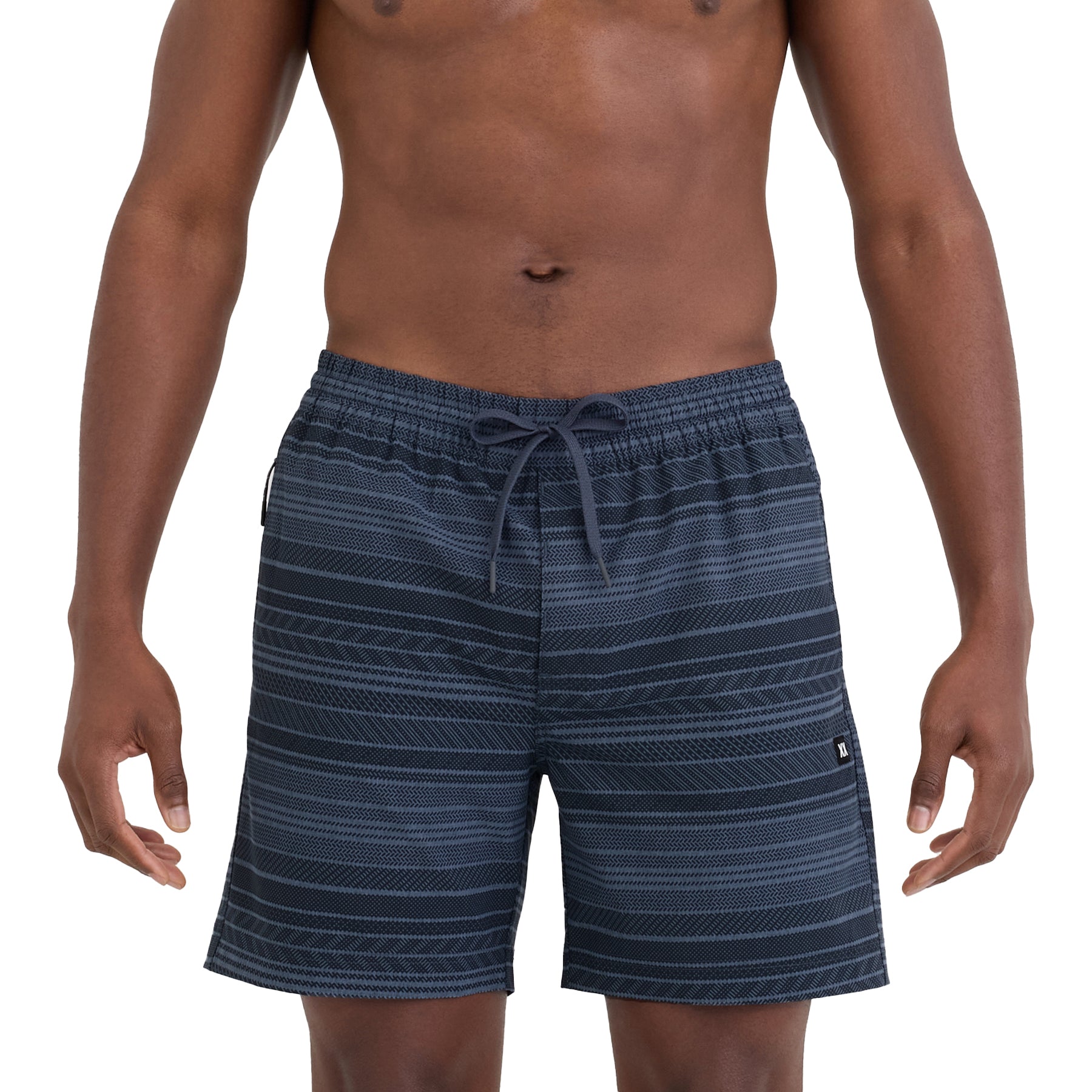 Front view of man wearing indigo striped swim shorts with drawstring waist and relaxed silhouette on a white background