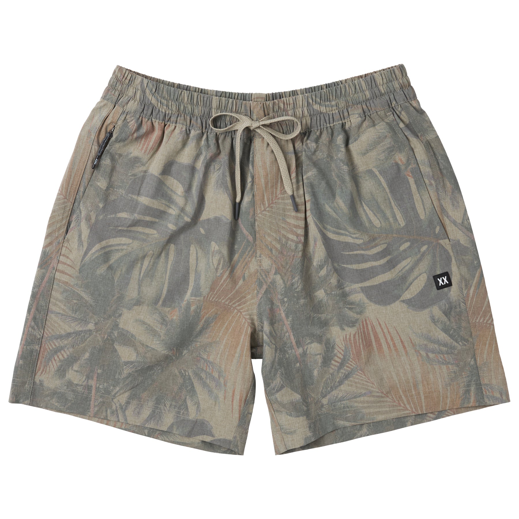 Men’s palm print swim shorts with adjustable drawstring waist and relaxed fit, shown flat on a white background