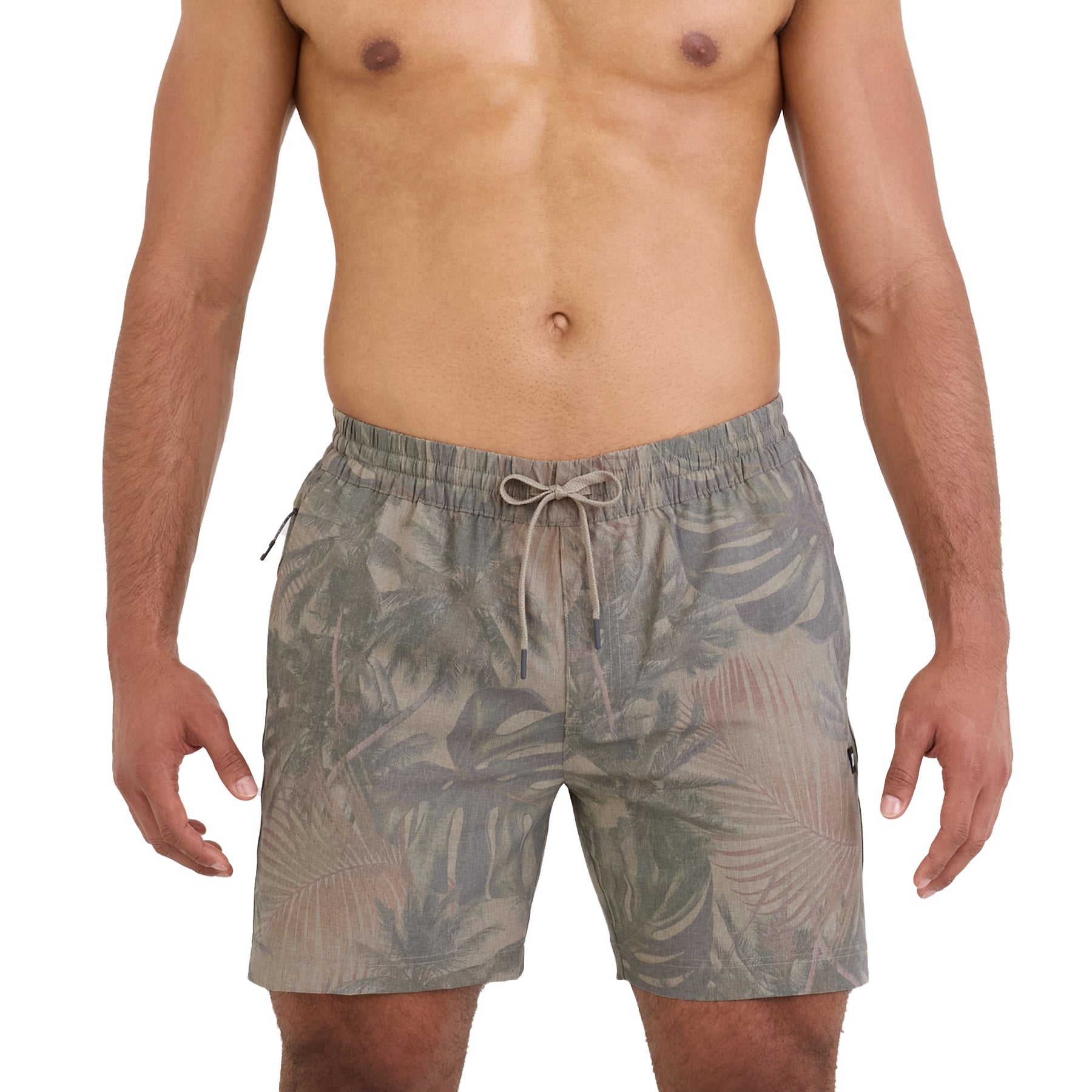 Front view of man wearing palm print swim shorts with drawstring waist and lightweight fabric on a white background