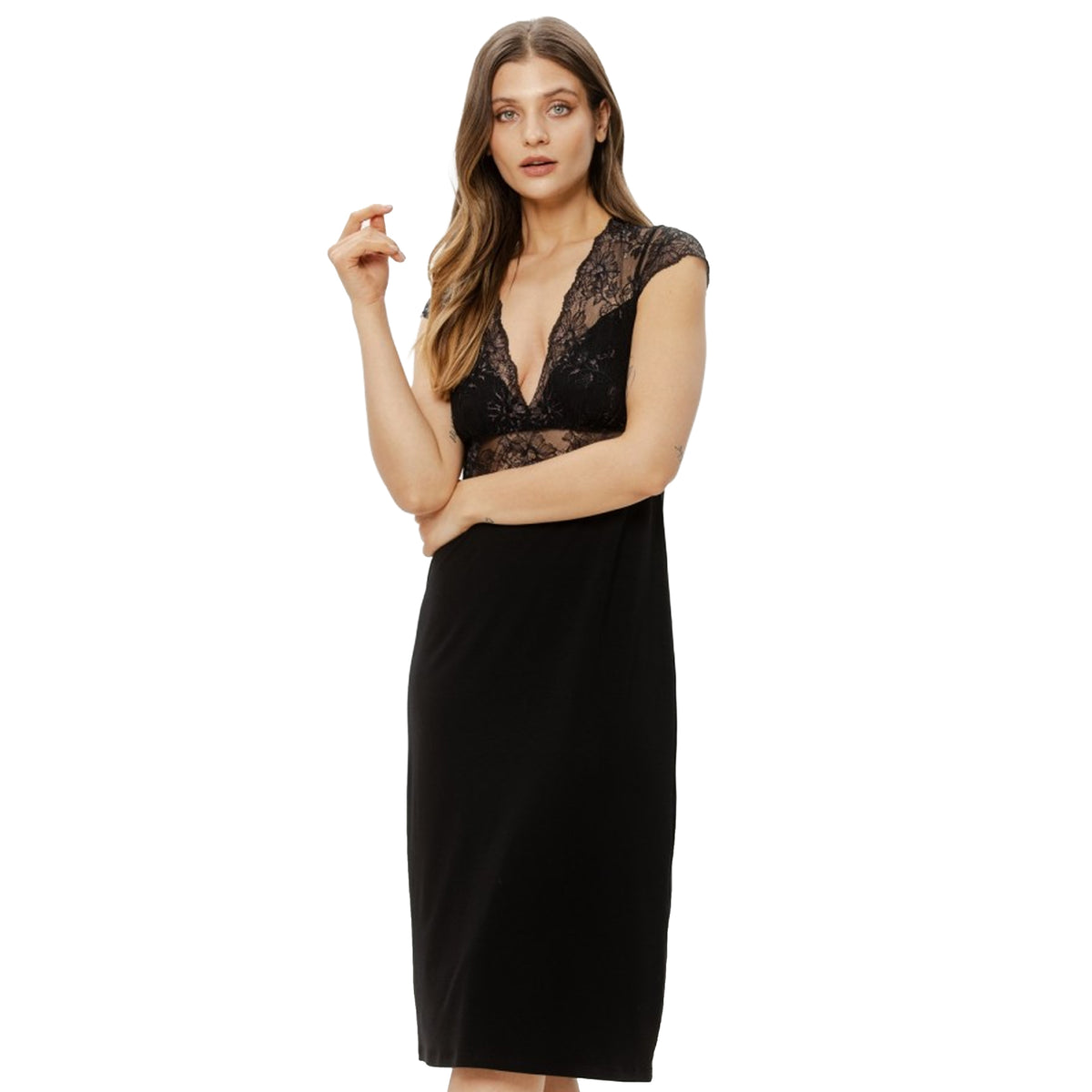 Model wearing Coemi Copper Gown with delicate cap sleeves, floral lace bodice and flowing black skirt