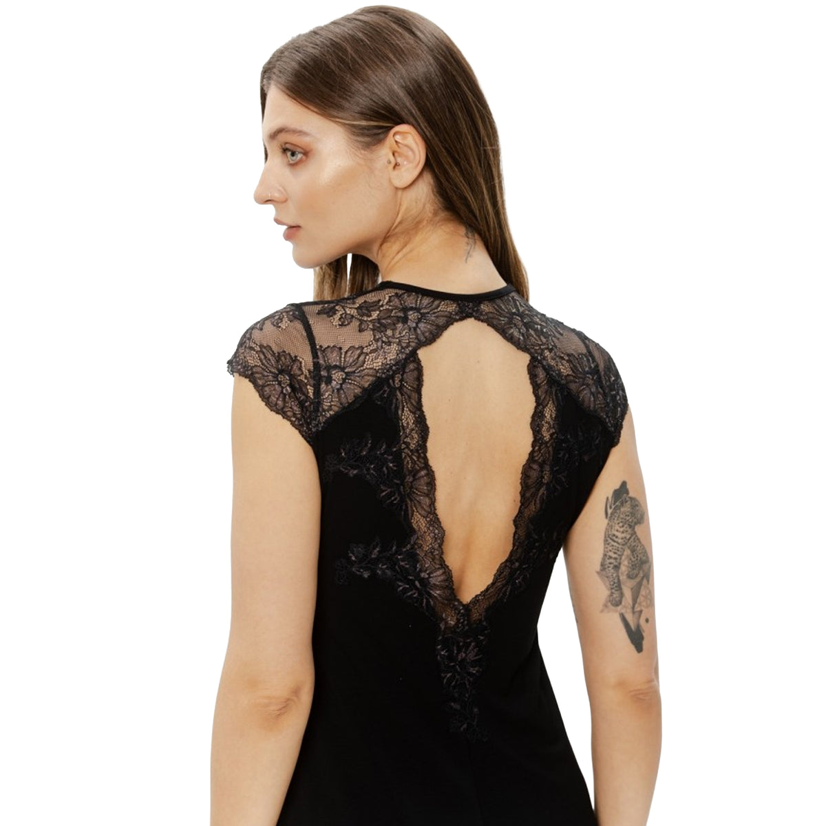 Close-up back view of Coemi Copper Gown showing intricate floral lace and deep open-back detail