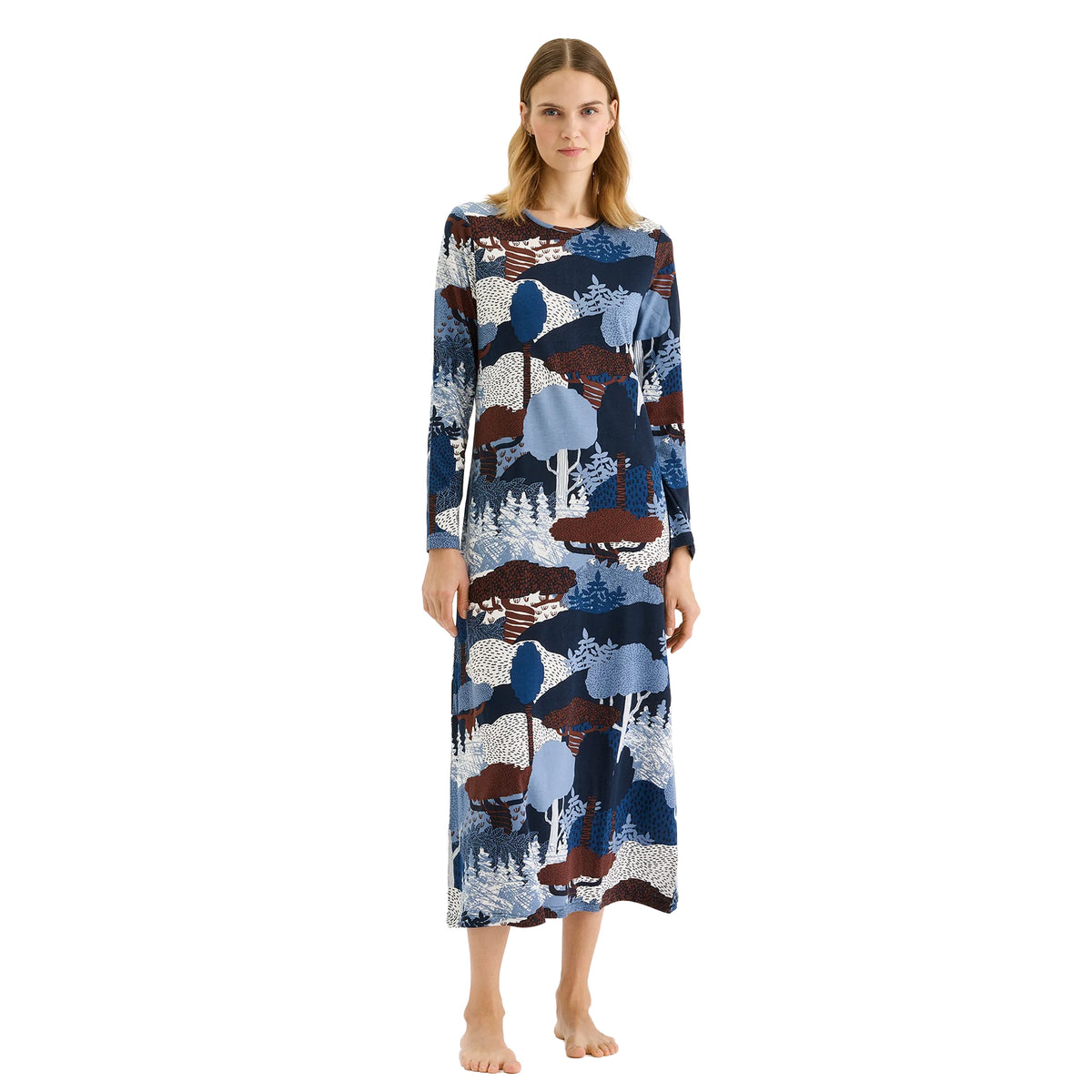 Nanso long sleeve nightgown in blue and brown woodland print with relaxed ankle-length silhouette
