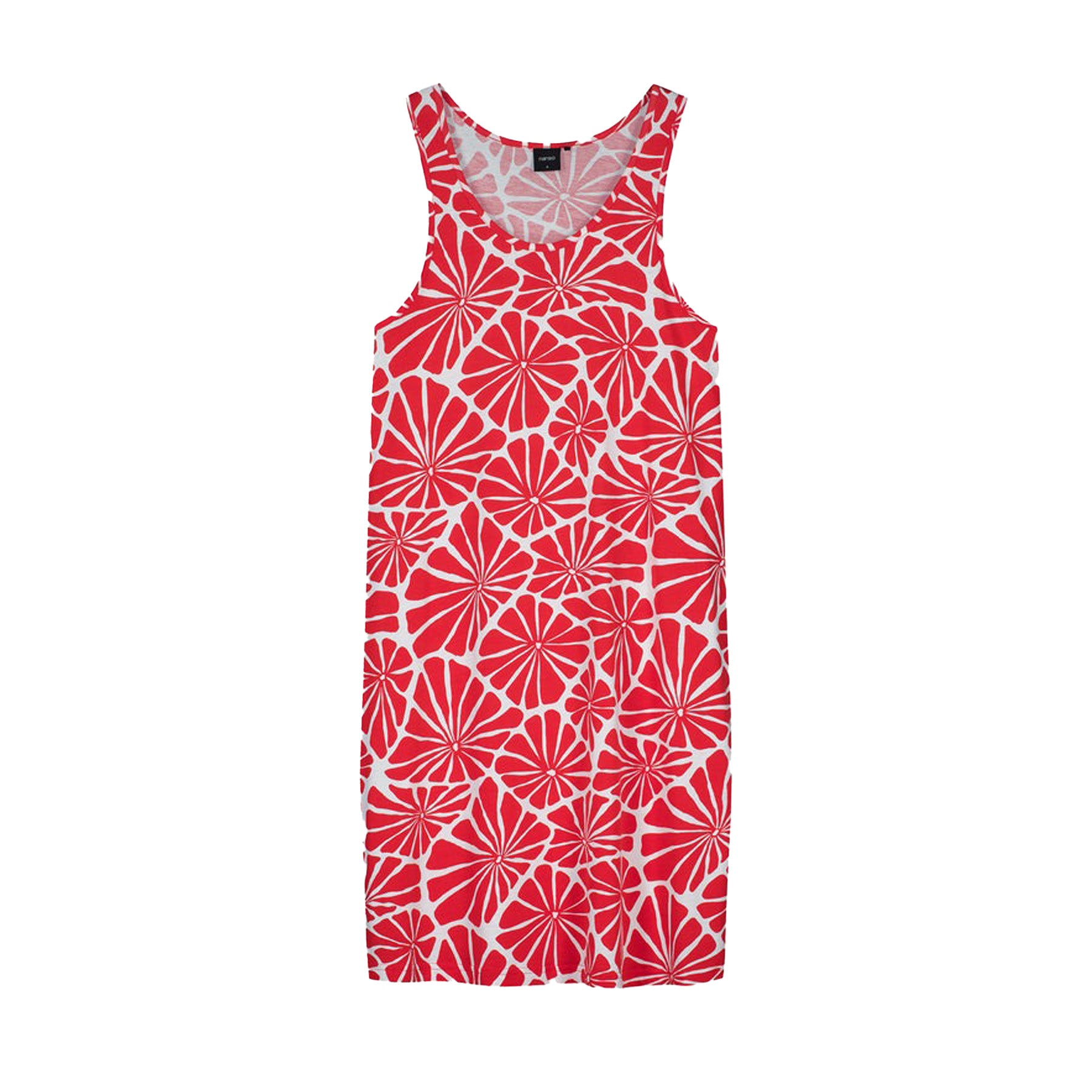 Sleeveless red and white tank nightdress with a bold abstract floral print, displayed flat on a white background.