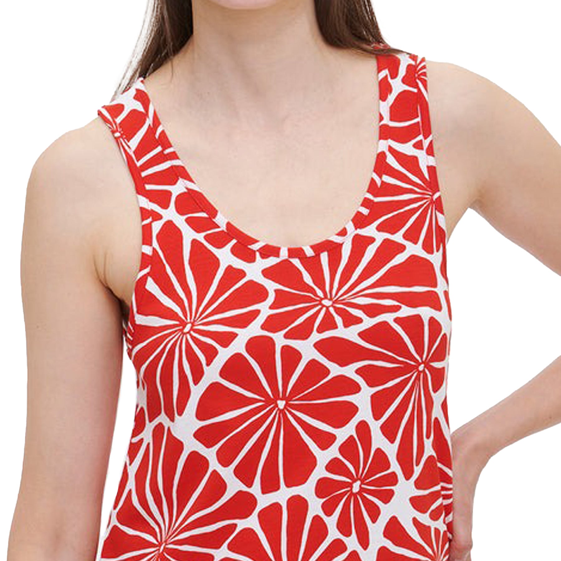 Close-up of the neckline and upper bodice of the red floral print tank nightdress, highlighting the scoop neck and detailed pattern.
