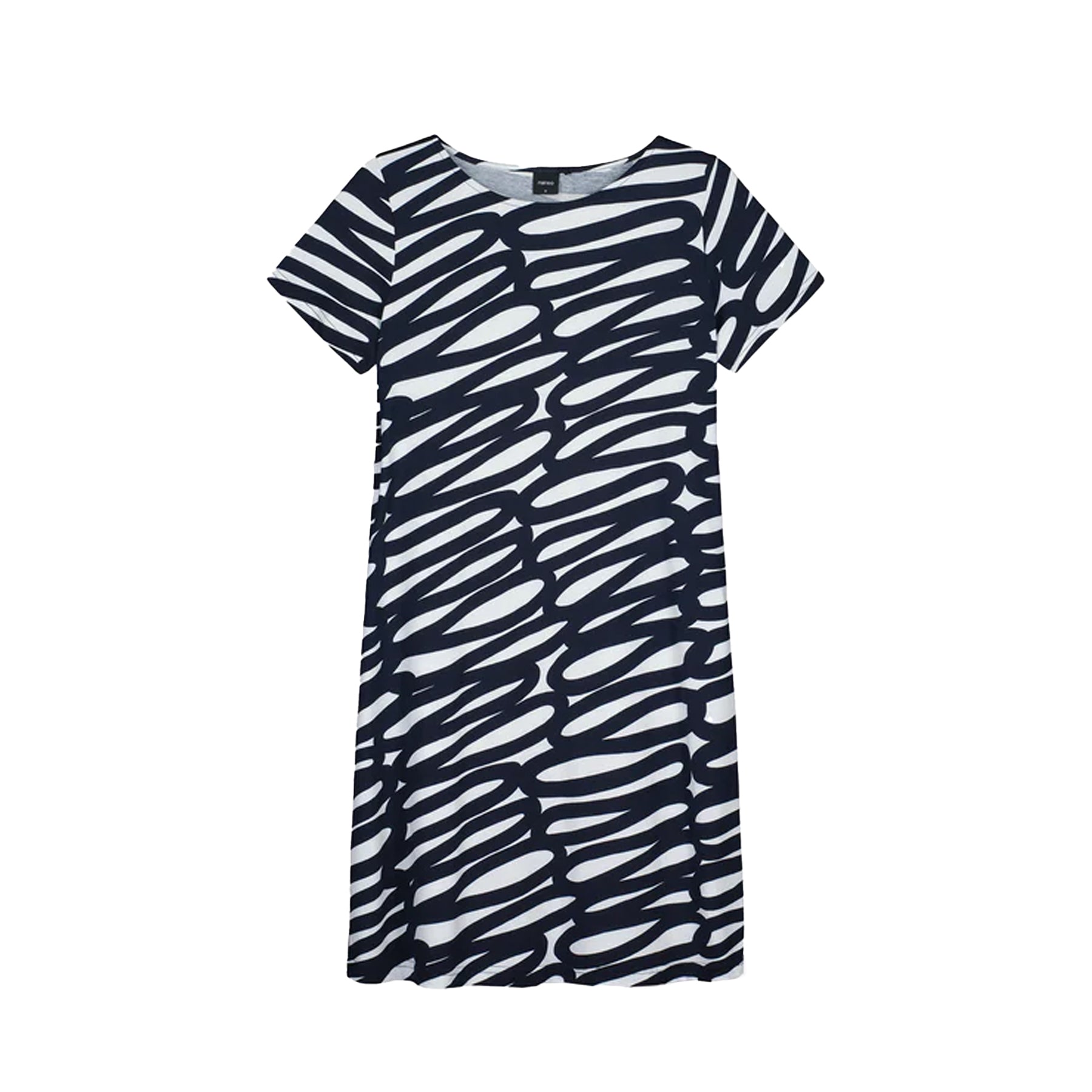 Navy and white abstract print short-sleeve knee-length nightdress with relaxed fit displayed on white background.