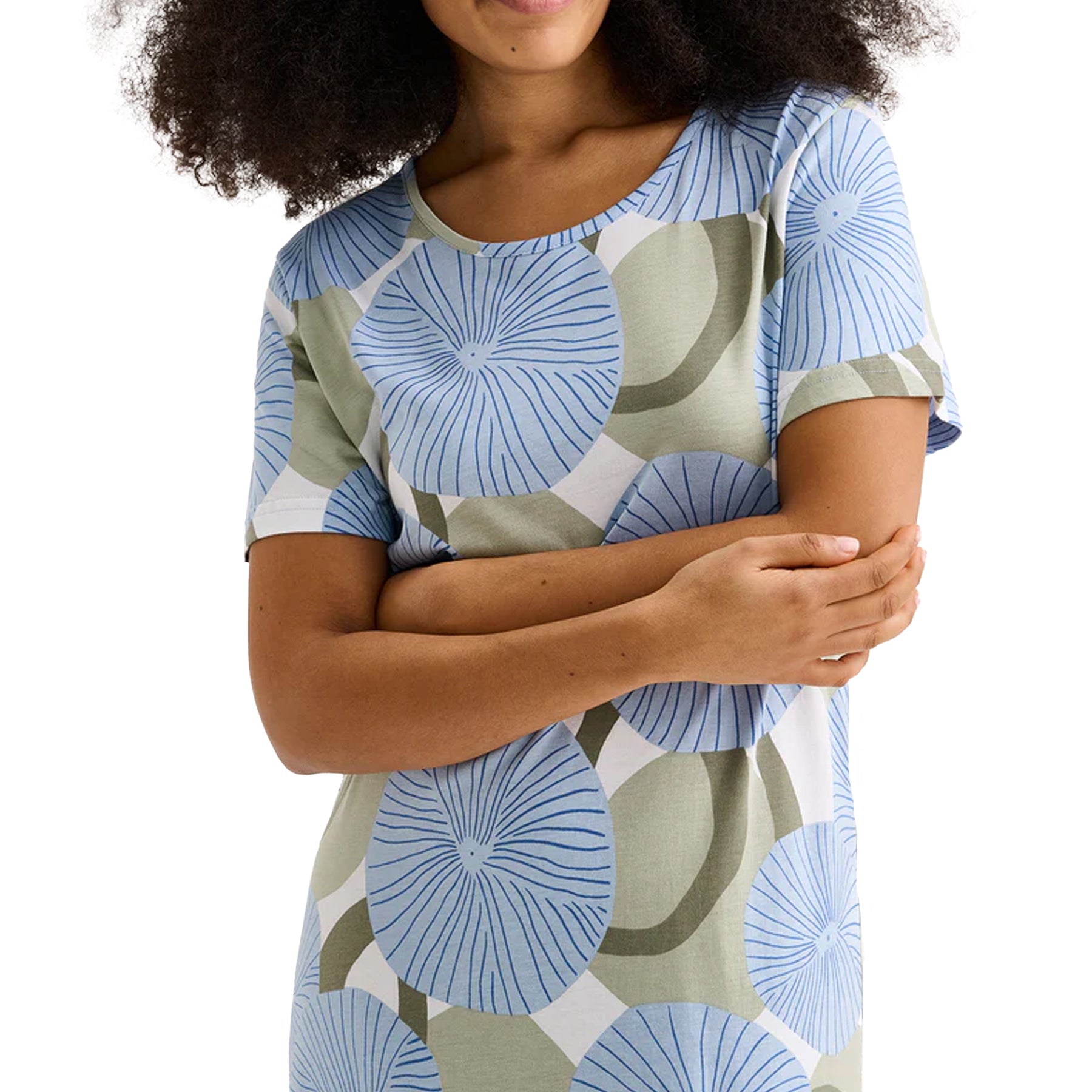 Close-up of blue and sage green circular floral print nightgown with short sleeves on model.