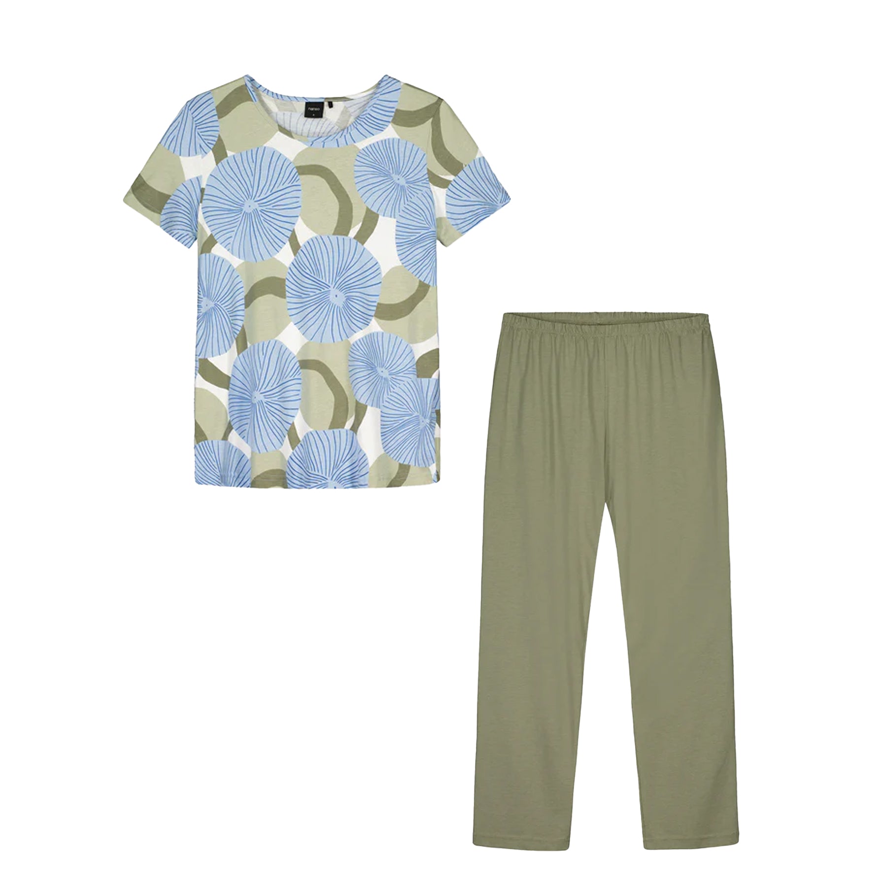 Two-piece pajama set featuring blue circular floral print short-sleeve top and solid sage green elastic waist pants on white background.