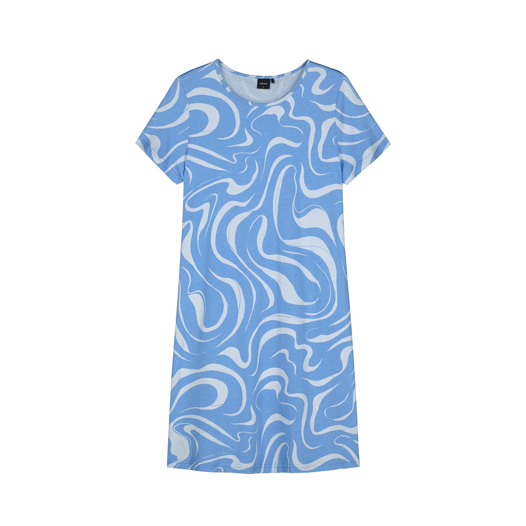 Light blue short-sleeve nightdress with white abstract swirl print and straight silhouette, laid flat on a white background.