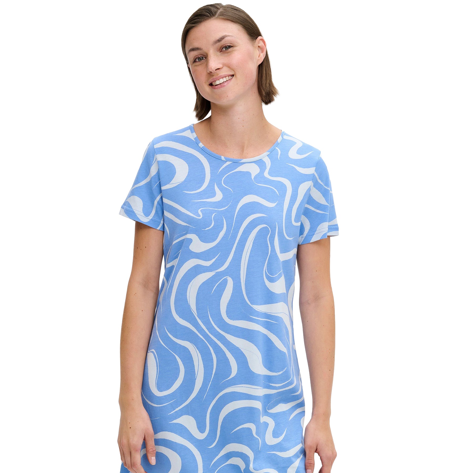 Close-up of light blue short-sleeve nightdress featuring a white abstract swirl print and round neckline, shown on model.