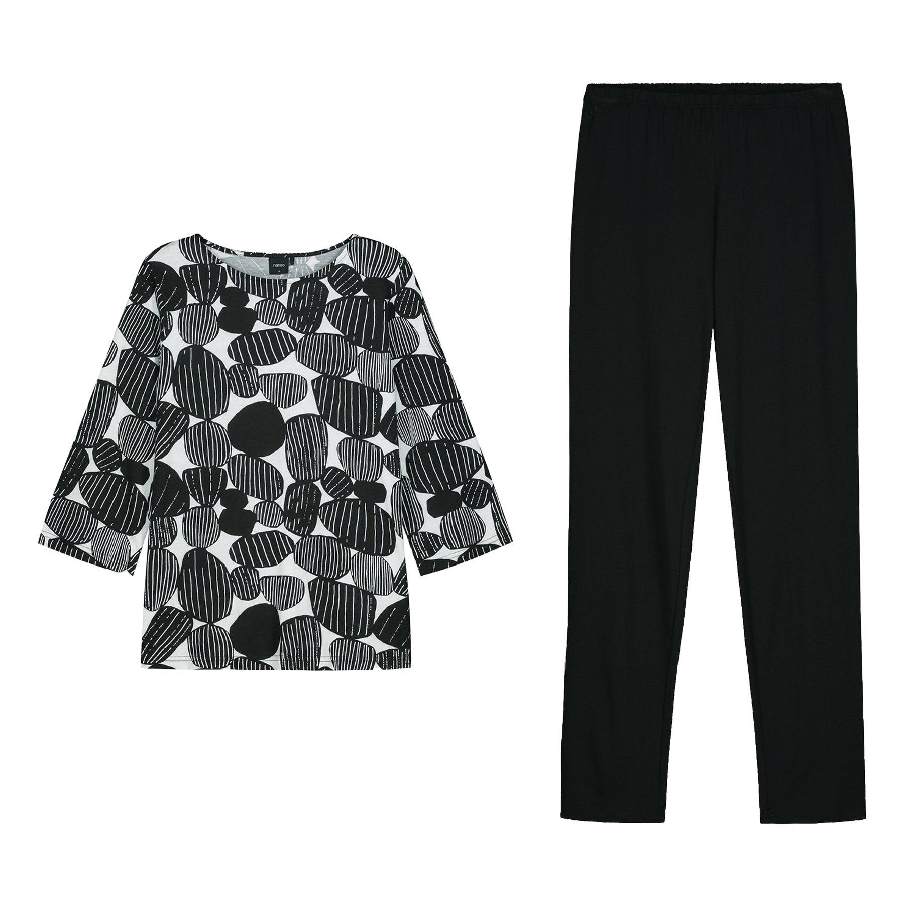 Nanso black abstract print pyjama top with solid black lounge pants, flat lay on white background