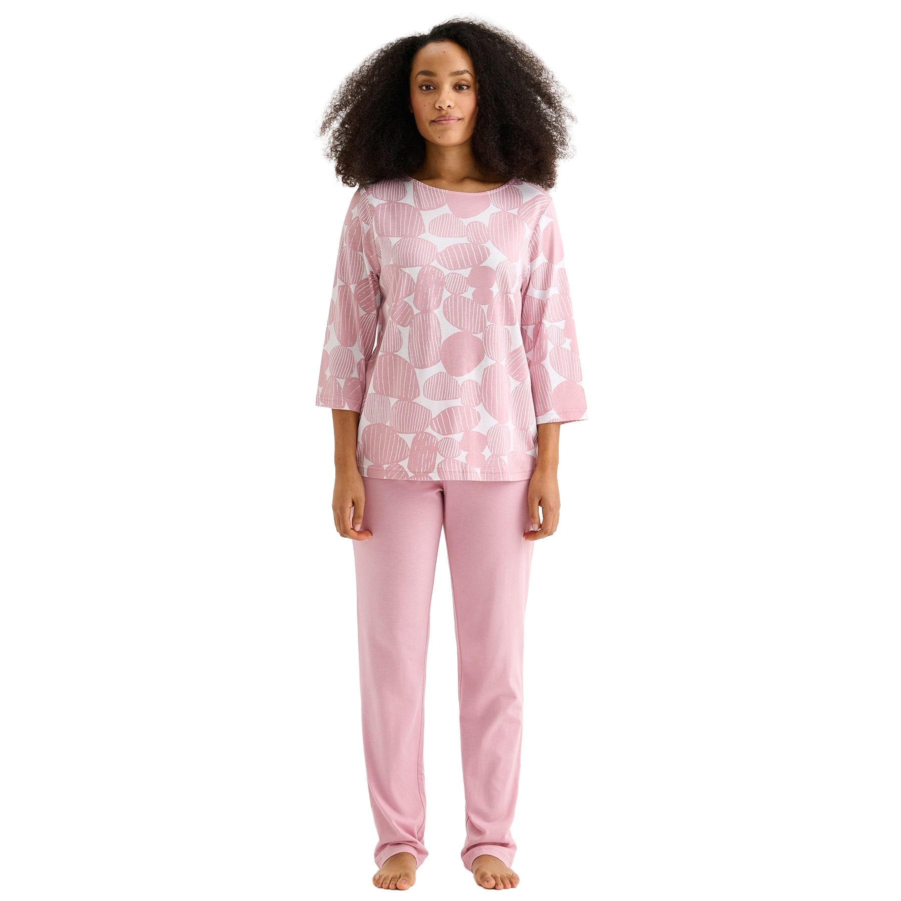Nanso pink long-sleeve pyjama set with abstract stone print top and solid pink pants, full-length view on model