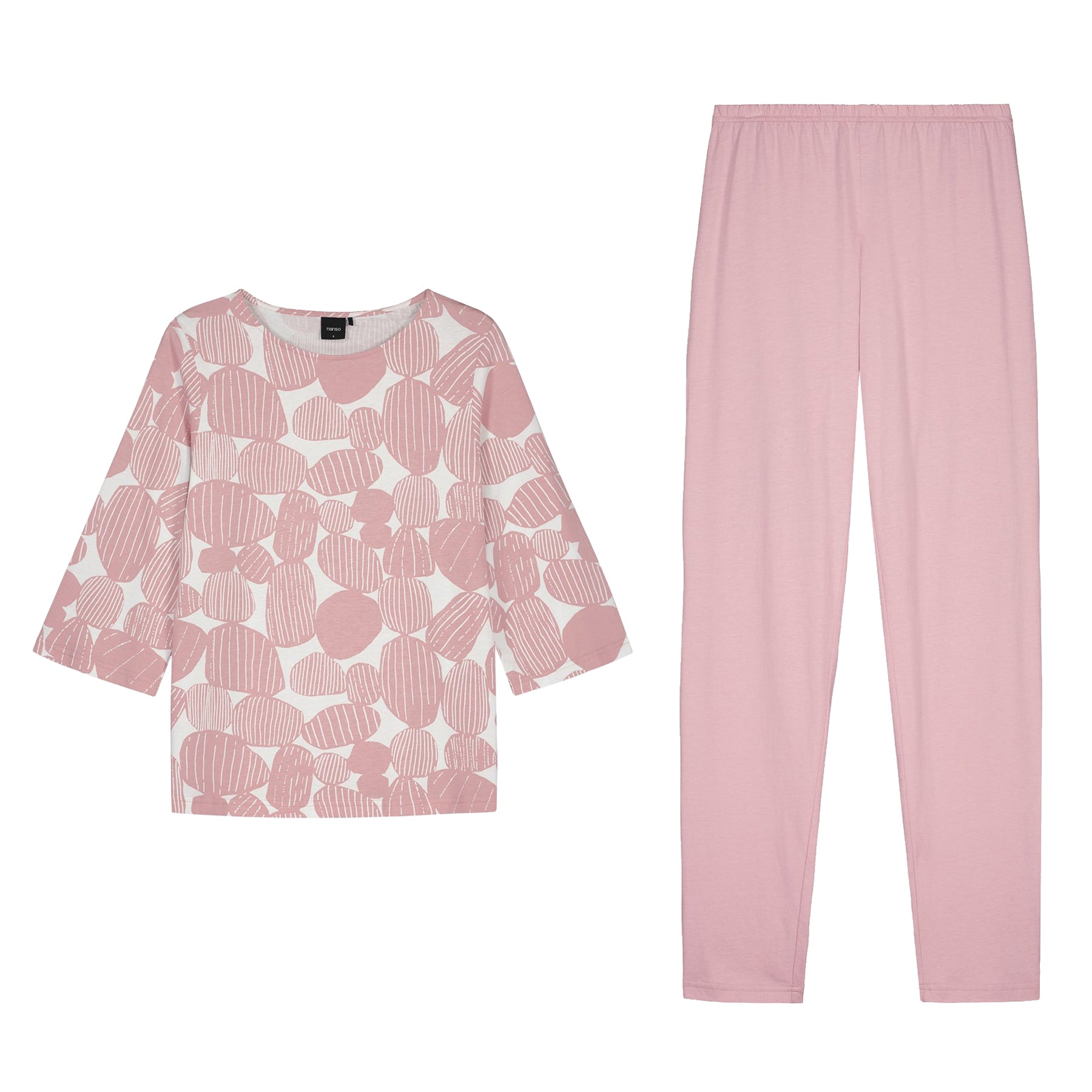 Nanso pink abstract print pyjama top paired with solid pink lounge pants, flat lay on white background