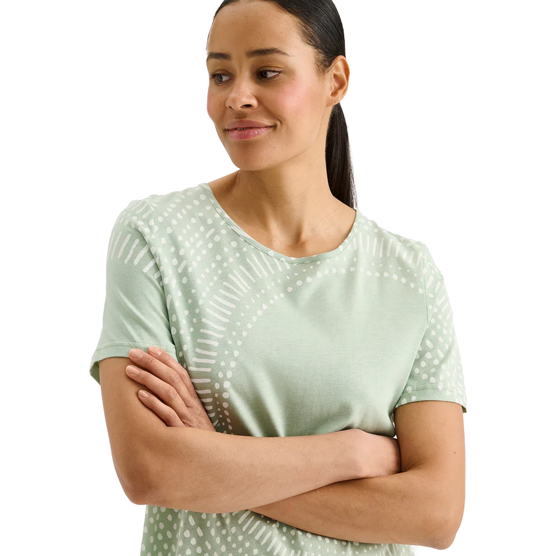 Close-up of mint green sleep shirt with white dotted circular print, soft fabric short sleeve nightgown