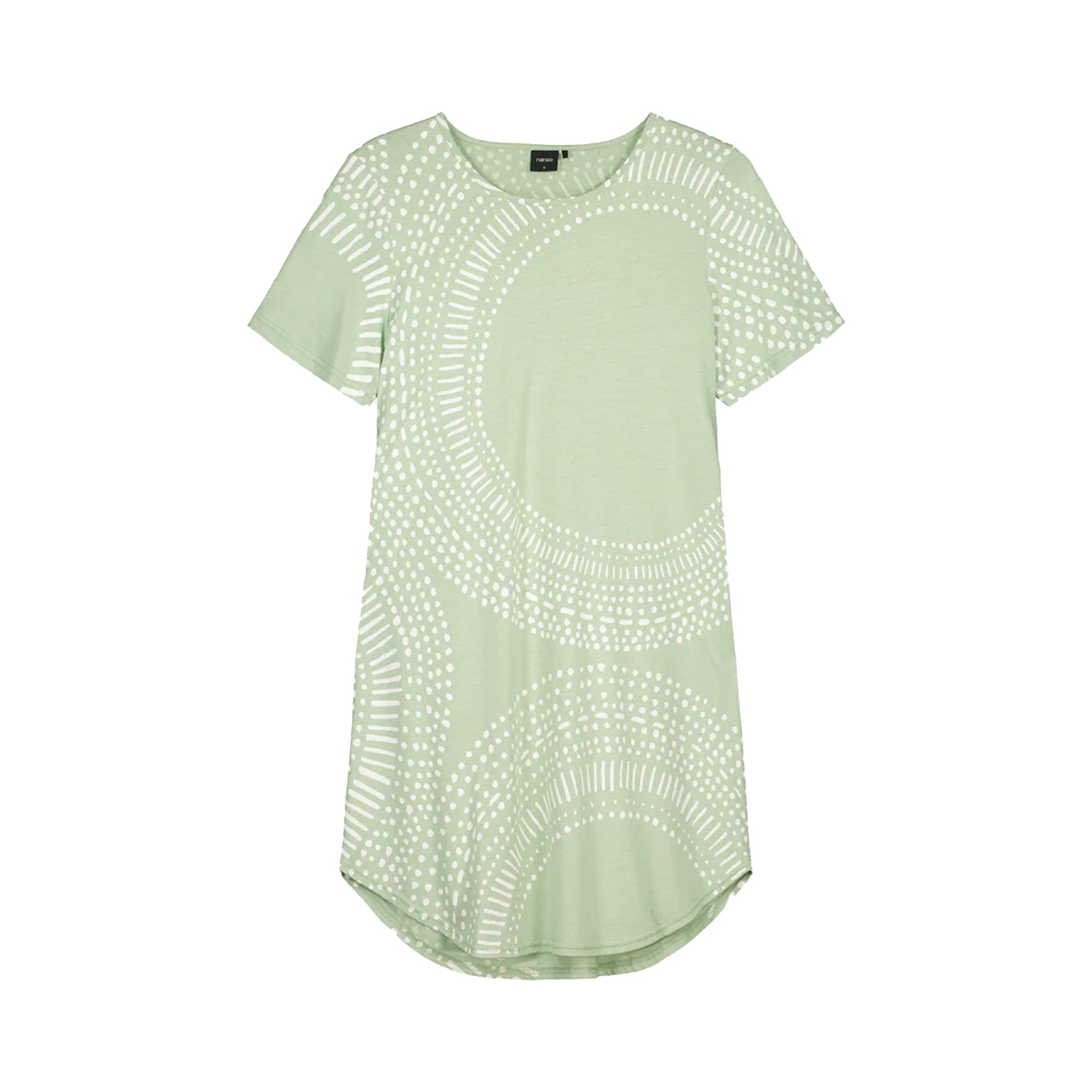 Flat lay of mint green short sleeve nightgown with white circular pattern, lightweight sleep shirt dress