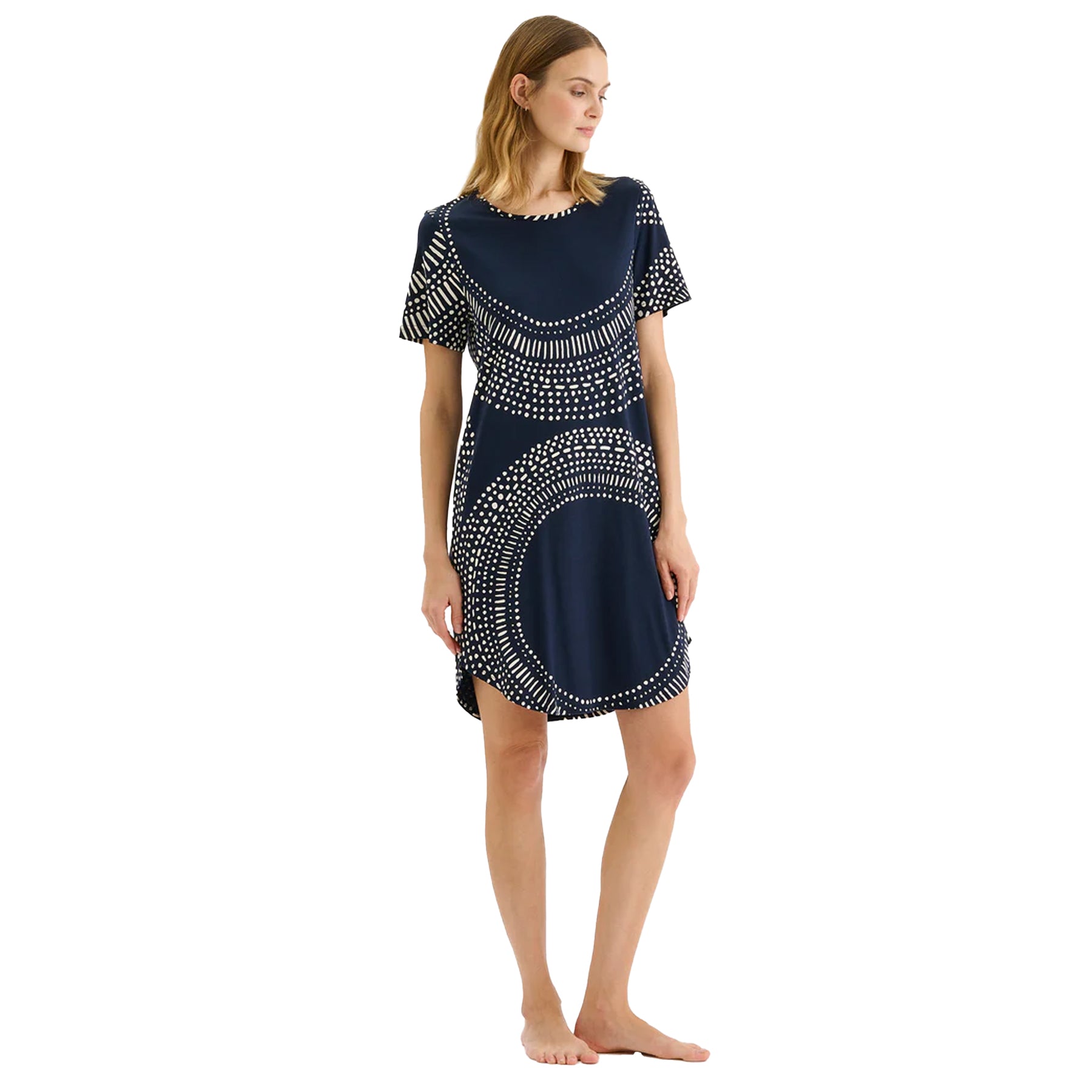 Navy blue short sleeve sleep shirt dress with white circular dot pattern, relaxed fit nightgown on model