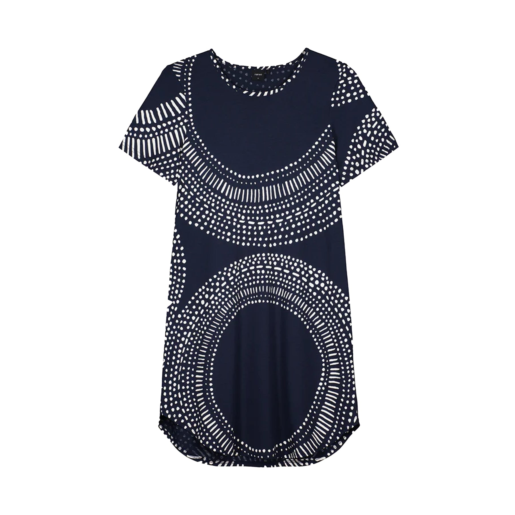 Flat lay of navy blue short sleeve nightgown with white dotted circular pattern, lightweight sleep shirt dress