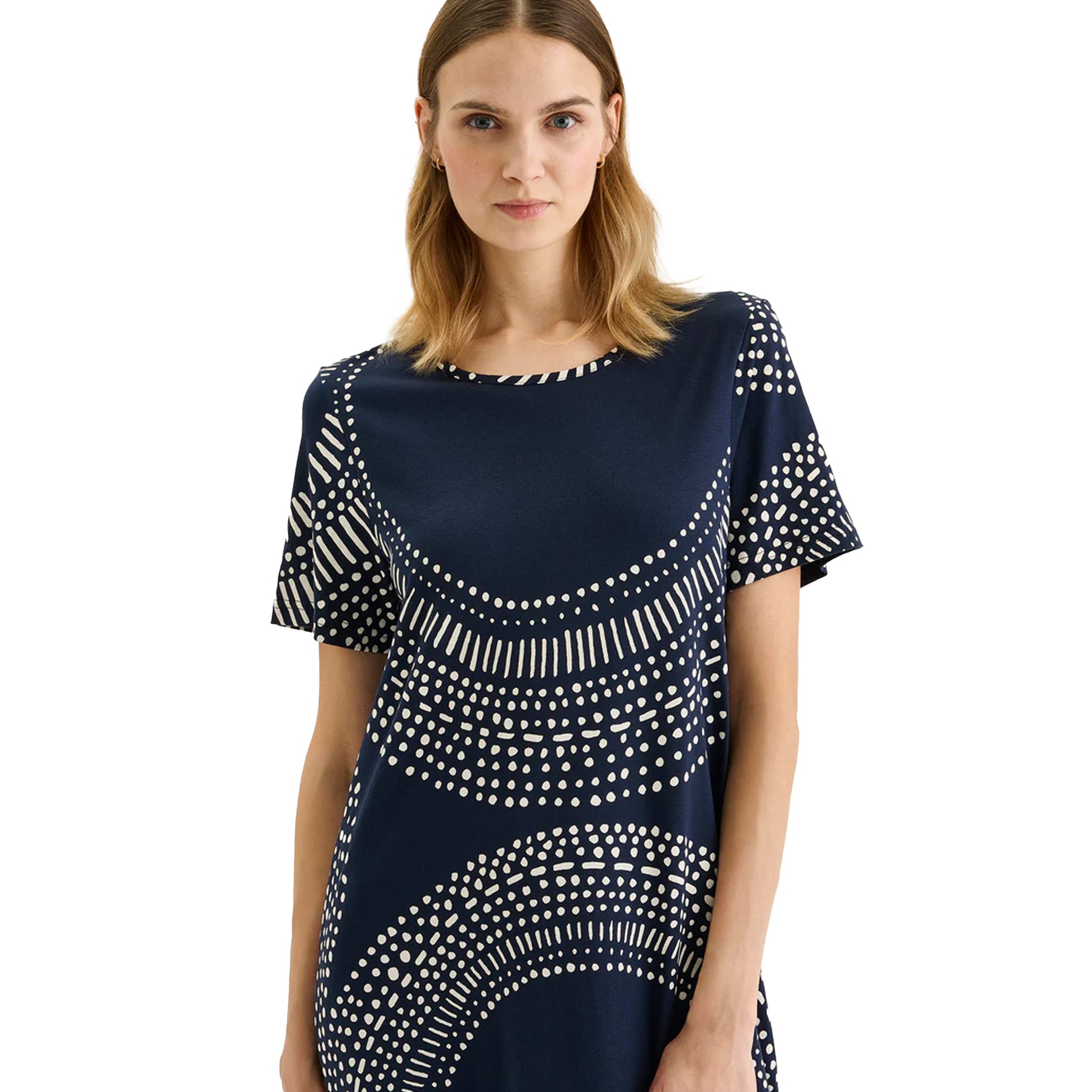 Close-up of navy blue sleep shirt with white circular dot print, soft fabric short sleeve nightgown