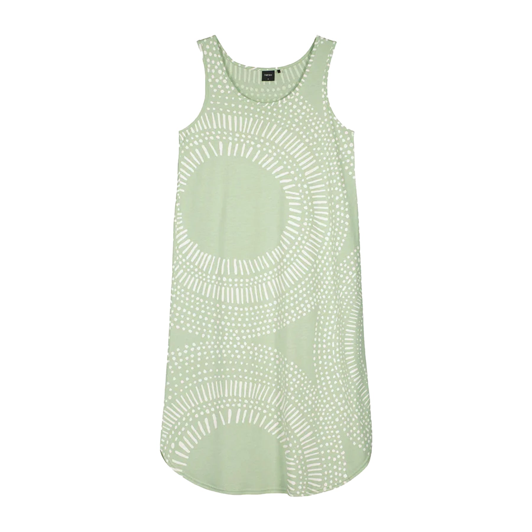Flat lay of mint green sleeveless nightgown with white circular pattern, lightweight sleep dress