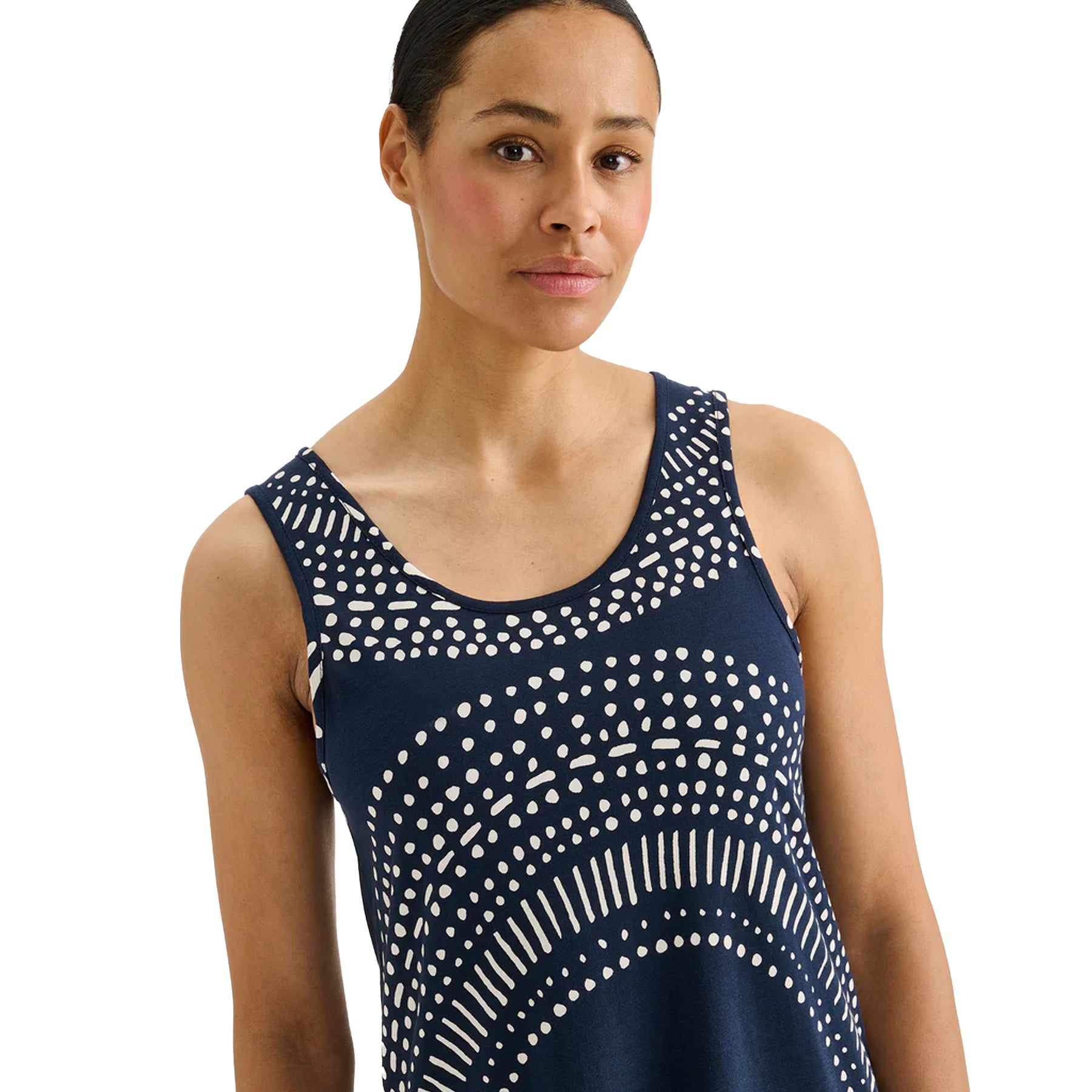 Close-up of navy blue sleeveless sleep dress with white dotted circular print, soft fabric nightgown