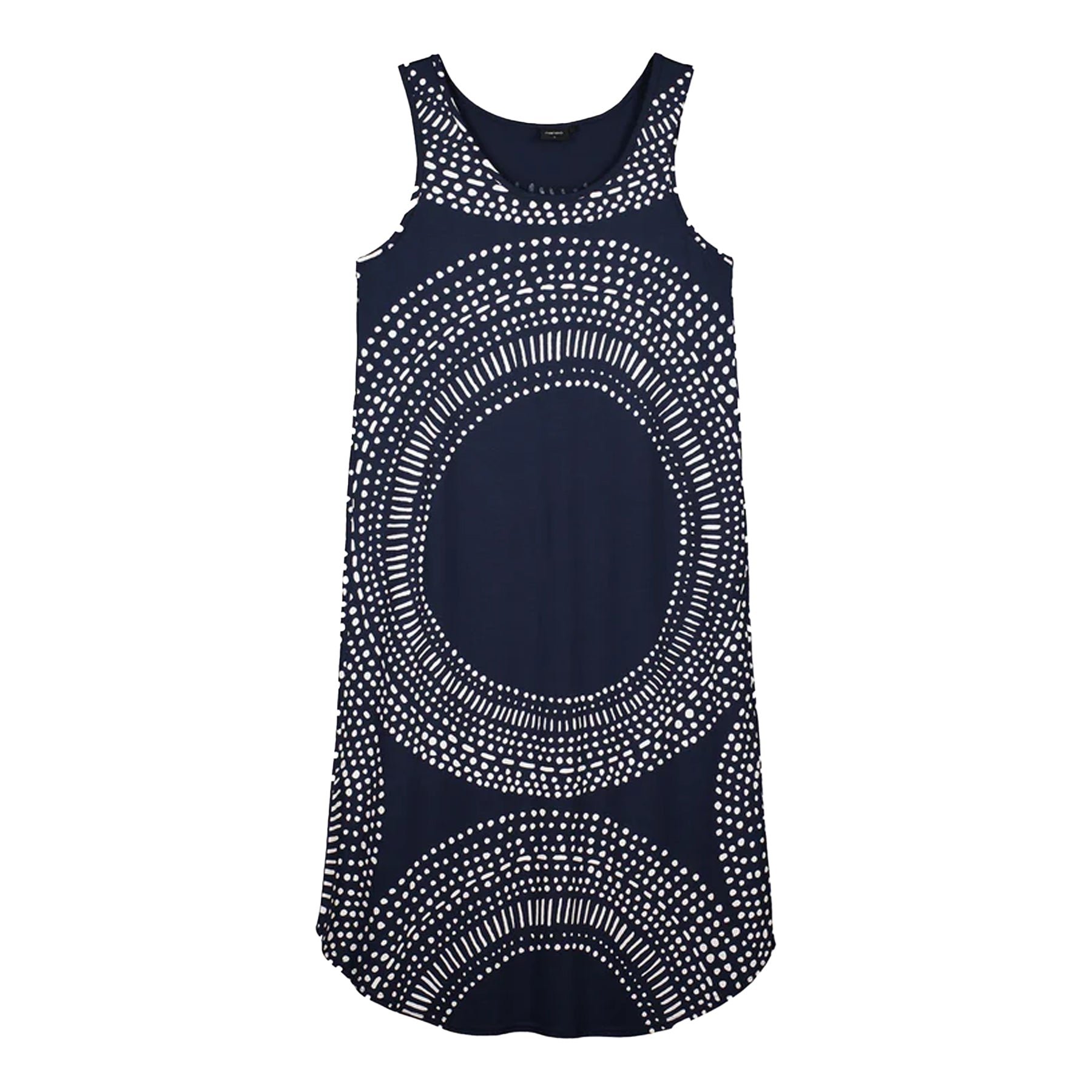 Flat lay of navy blue sleeveless nightgown with white circular pattern, lightweight sleep dress