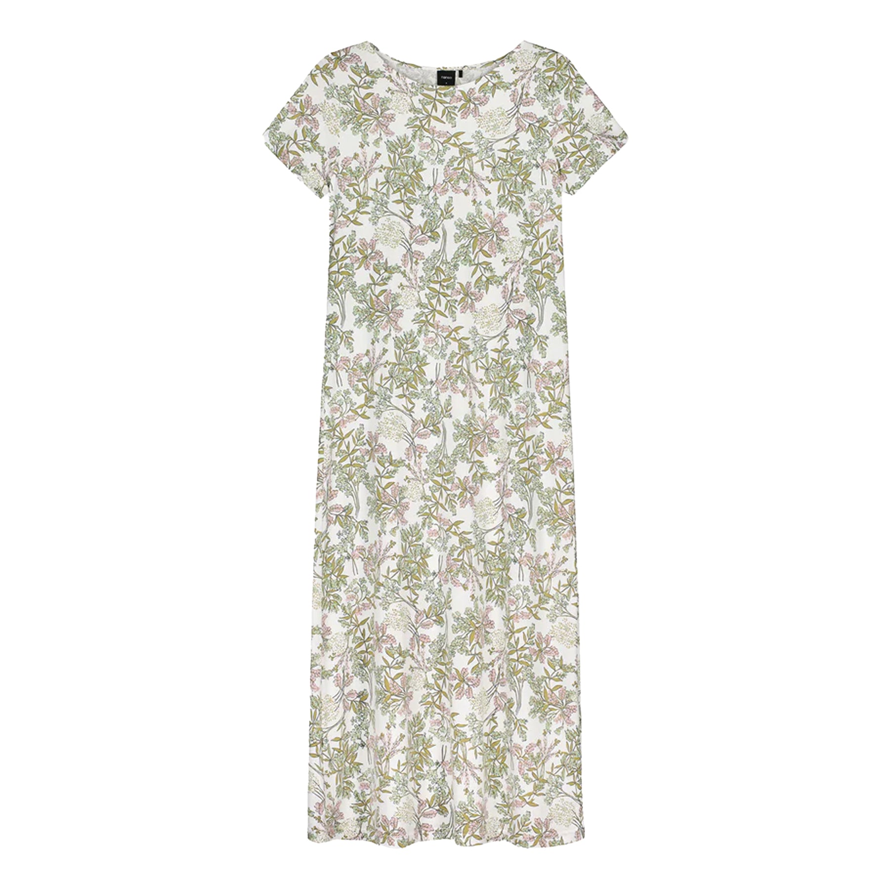 Flat lay of ivory floral print long nightgown with green and pink botanical pattern, lightweight sleep dress
