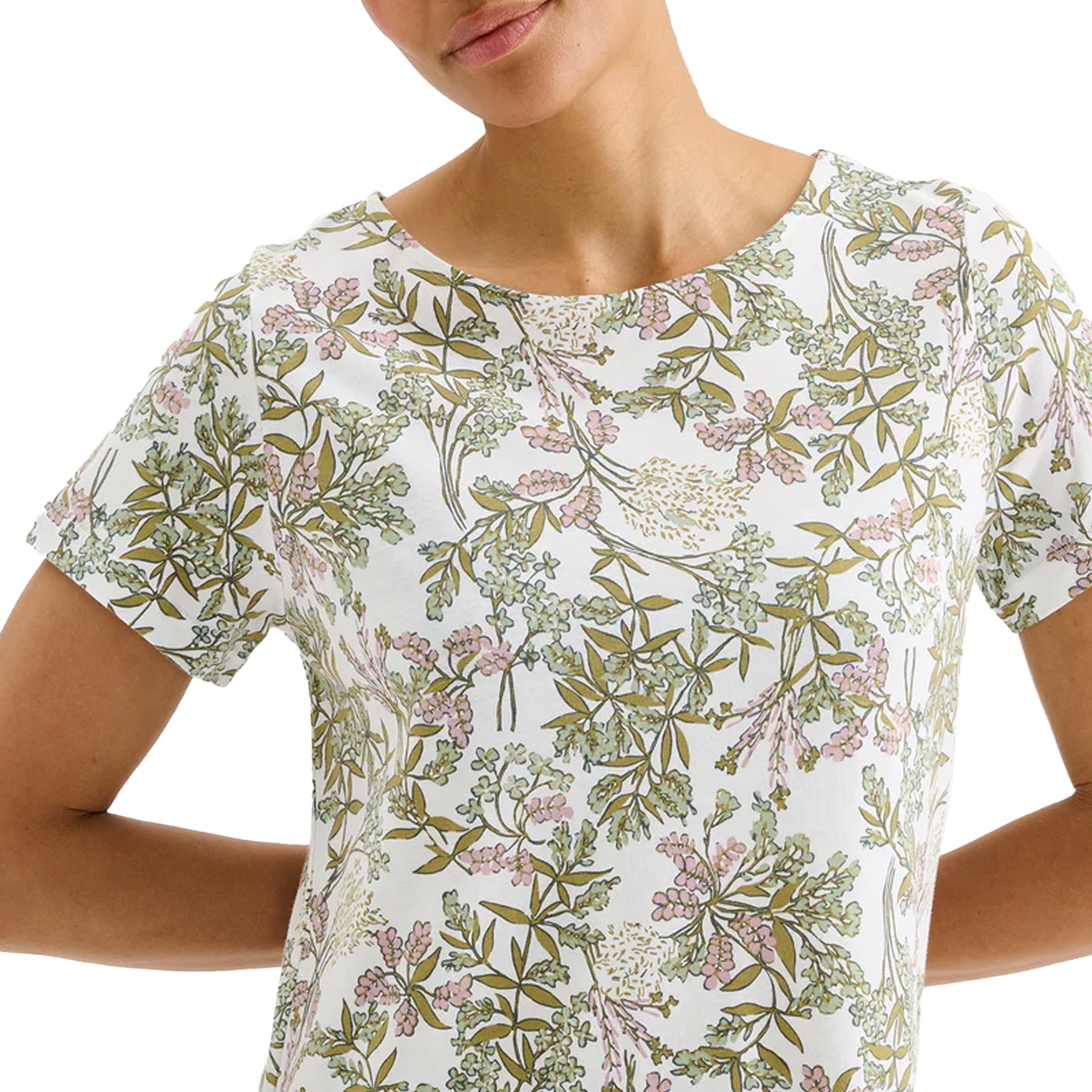 Close-up of ivory floral sleep shirt with delicate green and pink botanical print, soft fabric short sleeve nightgown