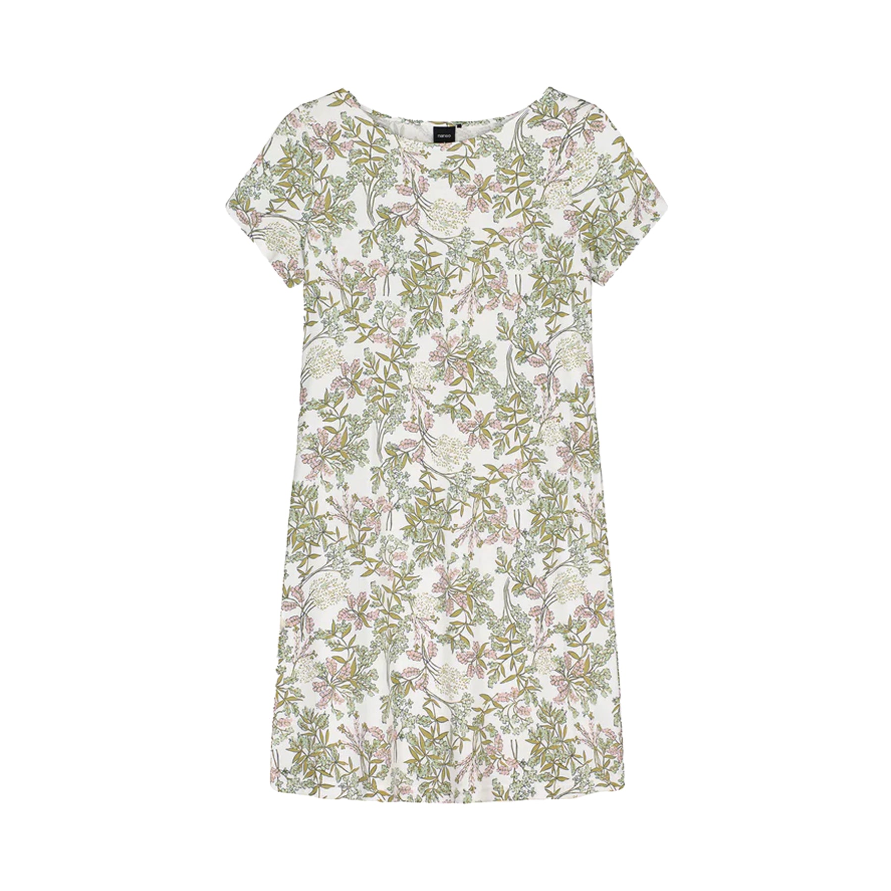 Flat lay of ivory floral print short sleeve nightgown with green and pink botanical pattern, lightweight sleep shirt dress