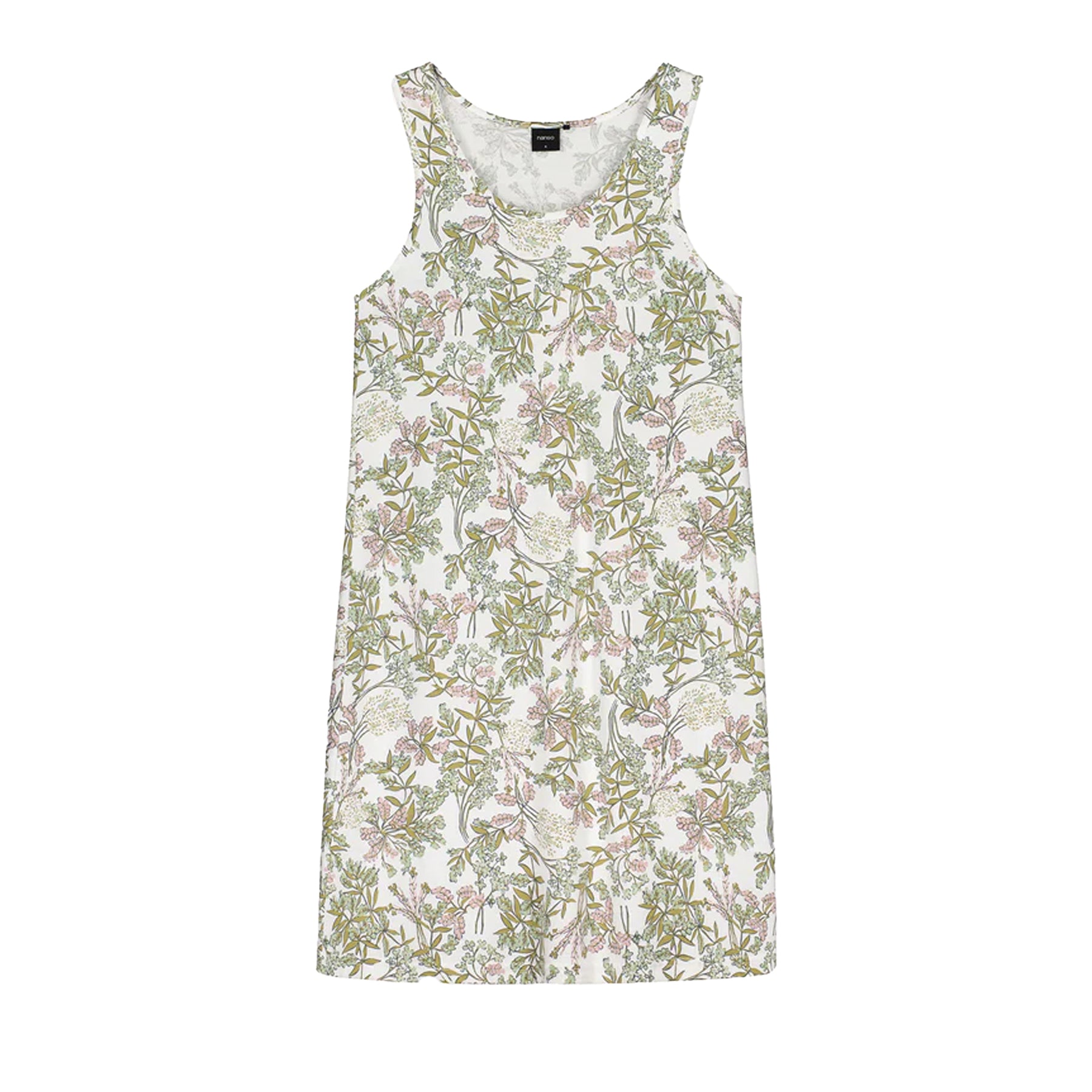 Flat lay of ivory floral print sleeveless nightgown with green and pink botanical pattern, lightweight sleep dress