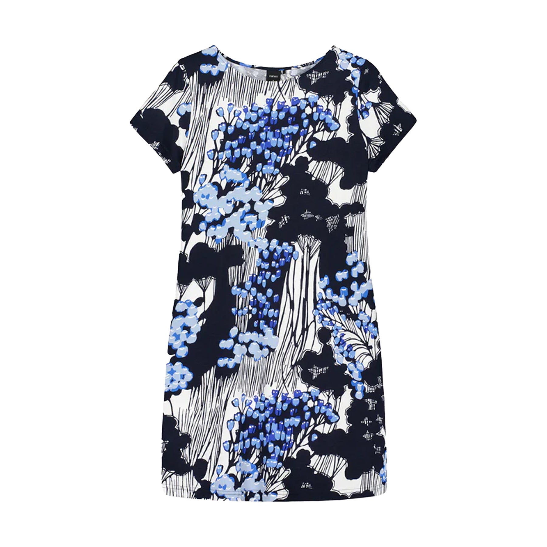 Flat lay of navy floral print short sleeve nightgown with blue and white abstract pattern, lightweight sleep shirt dress