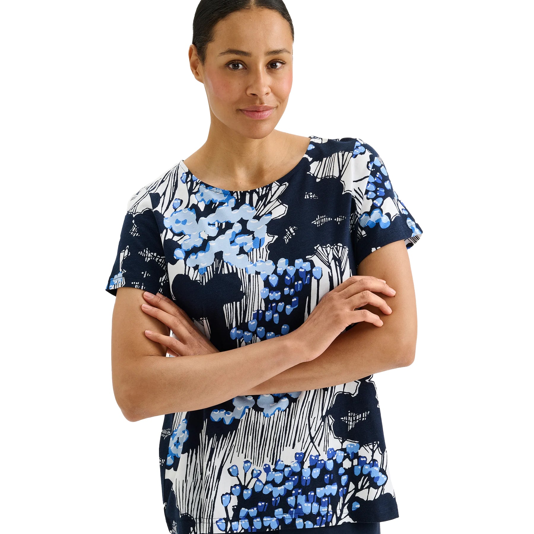 Close-up of navy floral pyjama top with blue and white abstract botanical print, soft fabric short sleeve sleepwear