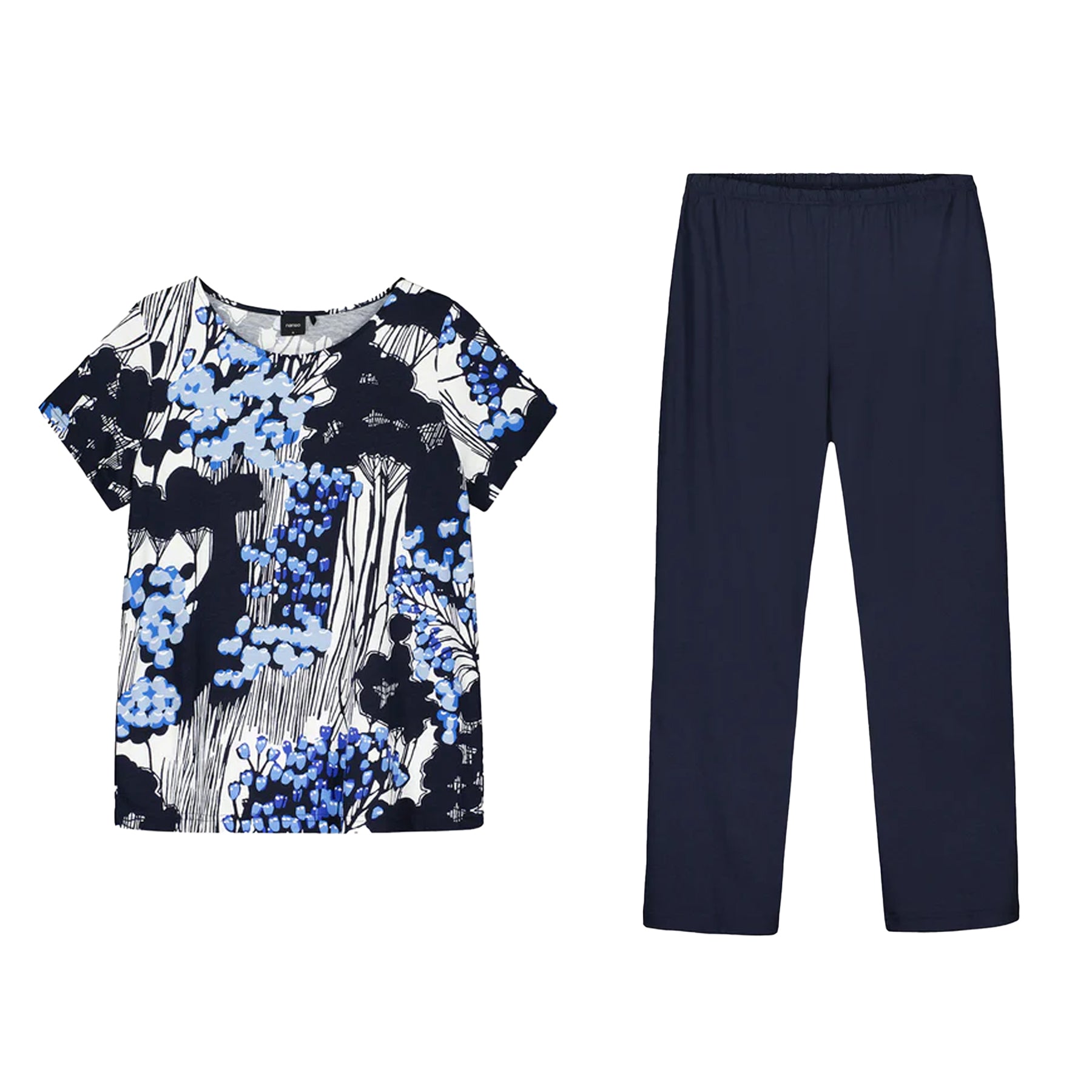 Flat lay of navy floral short sleeve pyjama set with blue and white abstract print top and solid navy pants