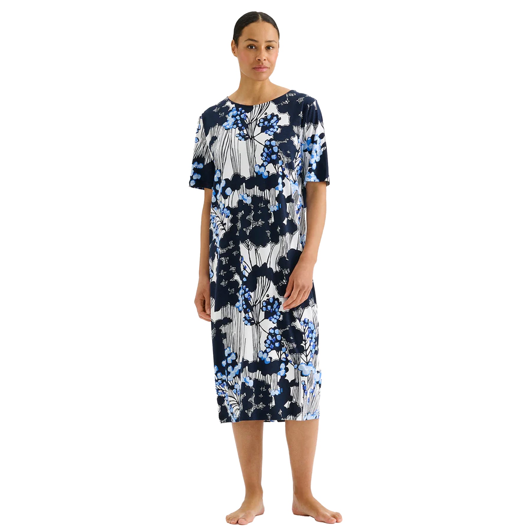 Navy floral short sleeve nightgown with blue and white abstract botanical print, midi length sleepwear on model