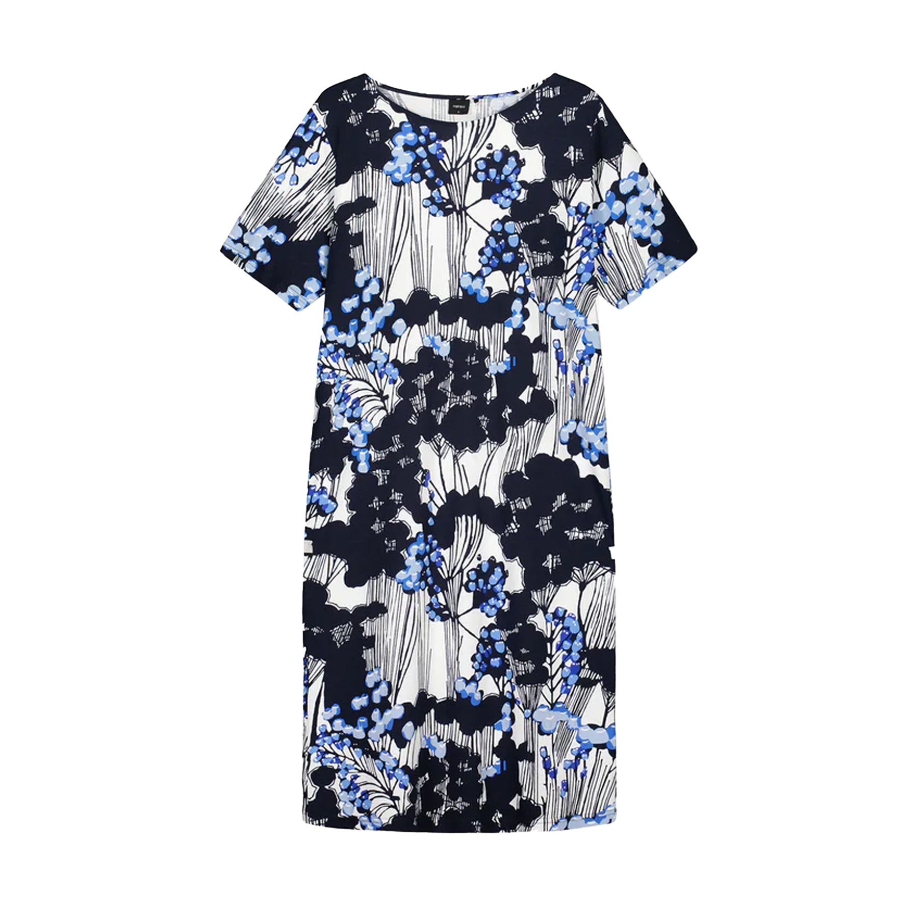 Flat lay of navy floral short sleeve nightgown with blue and white abstract botanical print, relaxed fit sleepwear