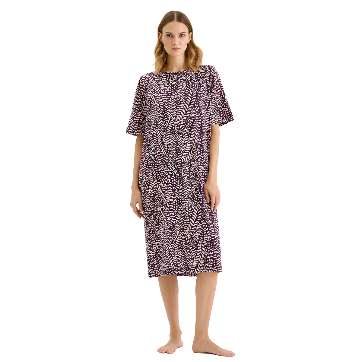 Nanso Fiona Gown in purple and beige abstract print with short sleeves and relaxed midi-length silhouette