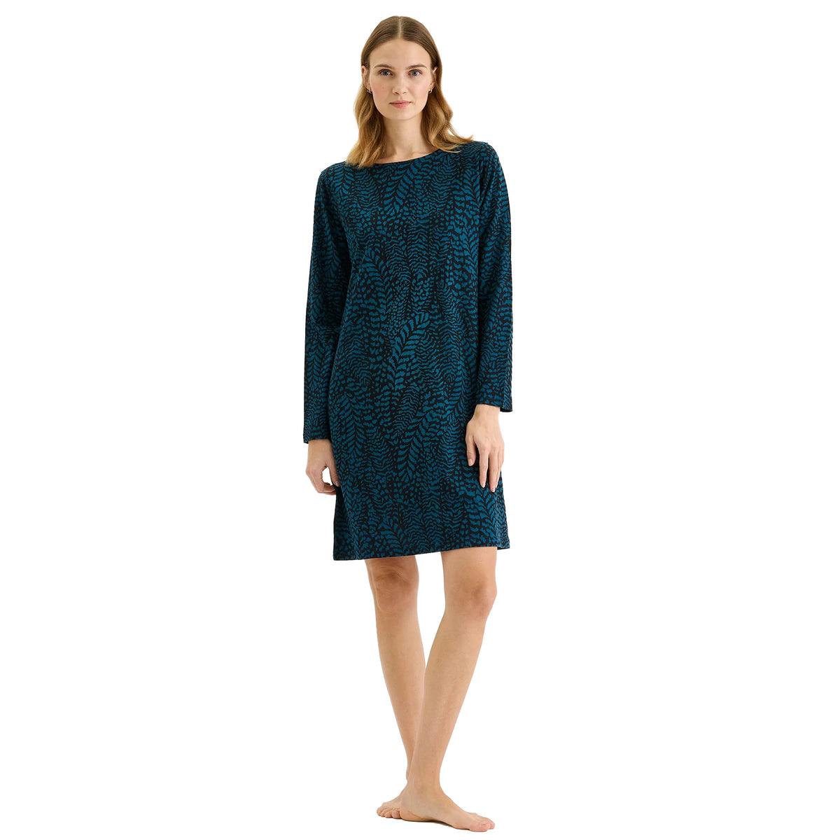 Nanso Fiona Chemise in black and teal blue abstract print with long sleeves and relaxed knee-length fit