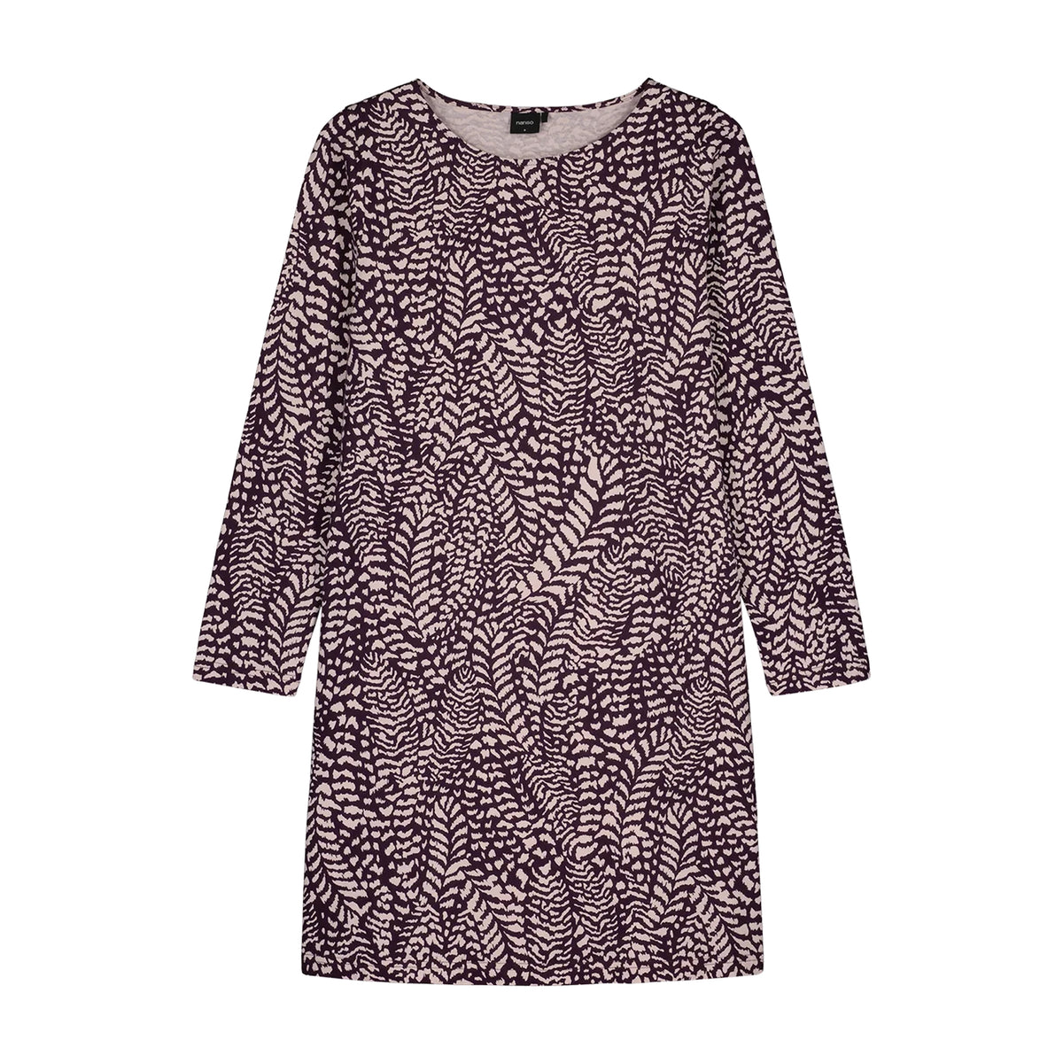 Nanso Fiona Long Sleeve Chemise in purple and beige print, front flat view with relaxed silhouette
