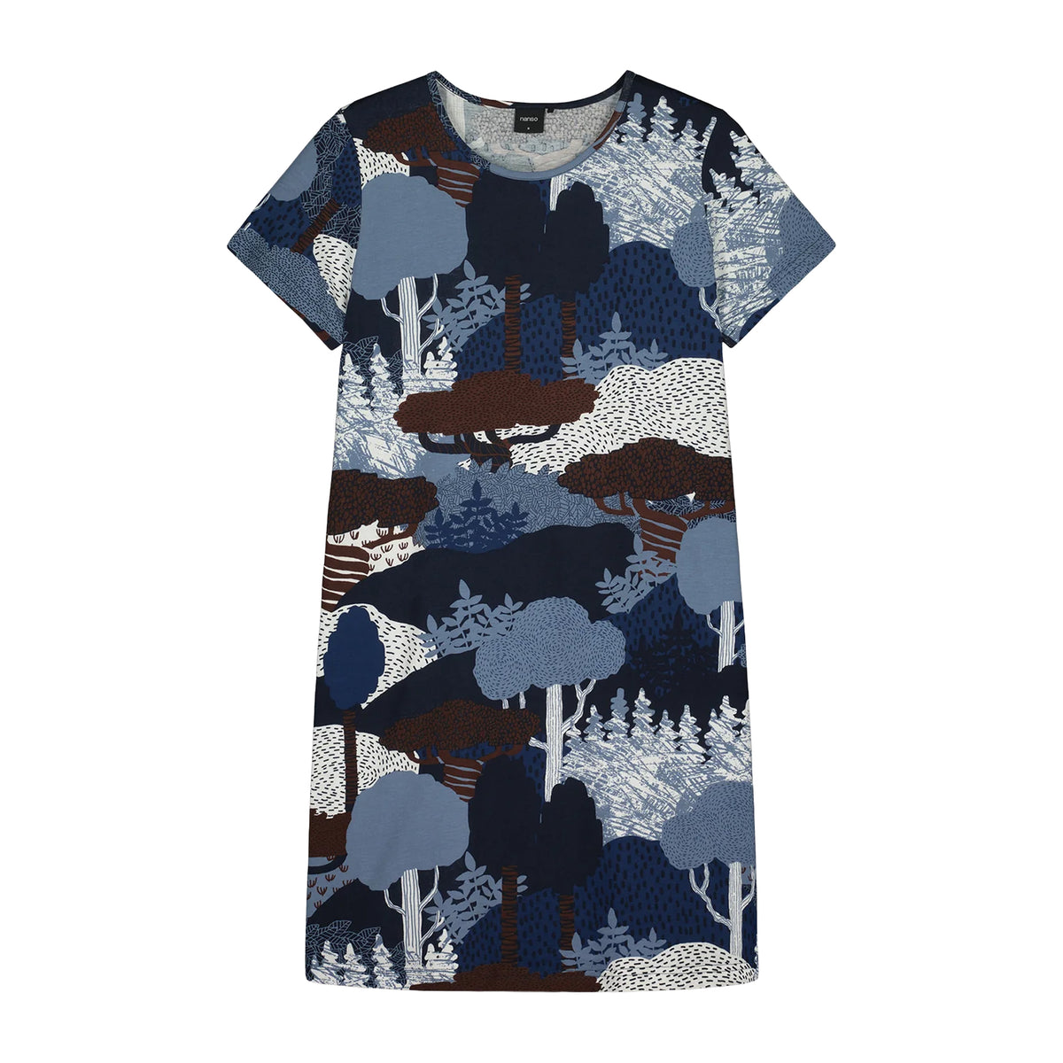 Nanso short sleeve chemise in blue and brown woodland print, front product view
