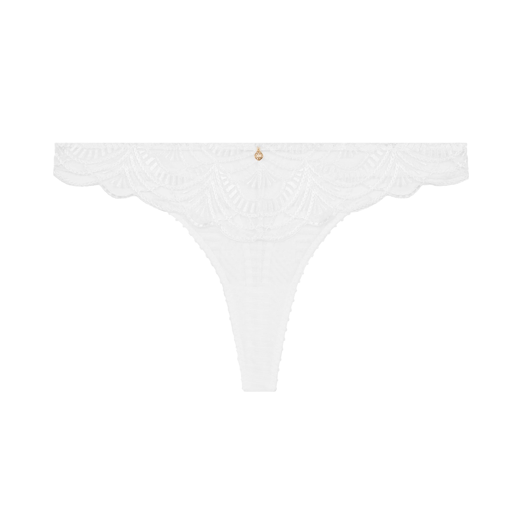 White thong with scalloped lace edges and delicate fan-shaped embroidery, finished with a small gold charm at the waistline.
