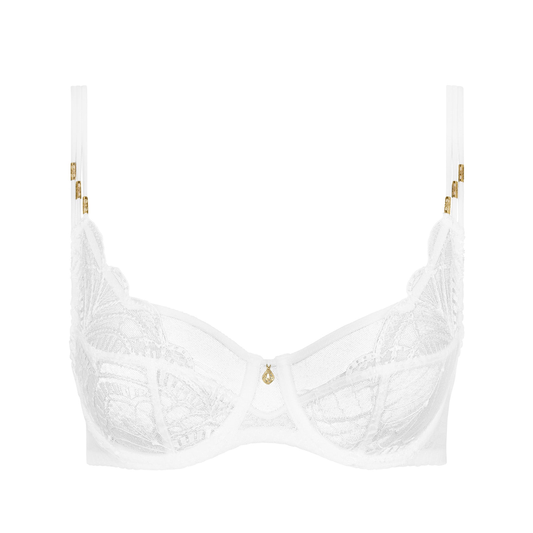 Product image of the Aubade Vibes Full Cup Bra laid flat, highlighting the intricate embroidery, sheer tulle cups, and elegant gold strap details.