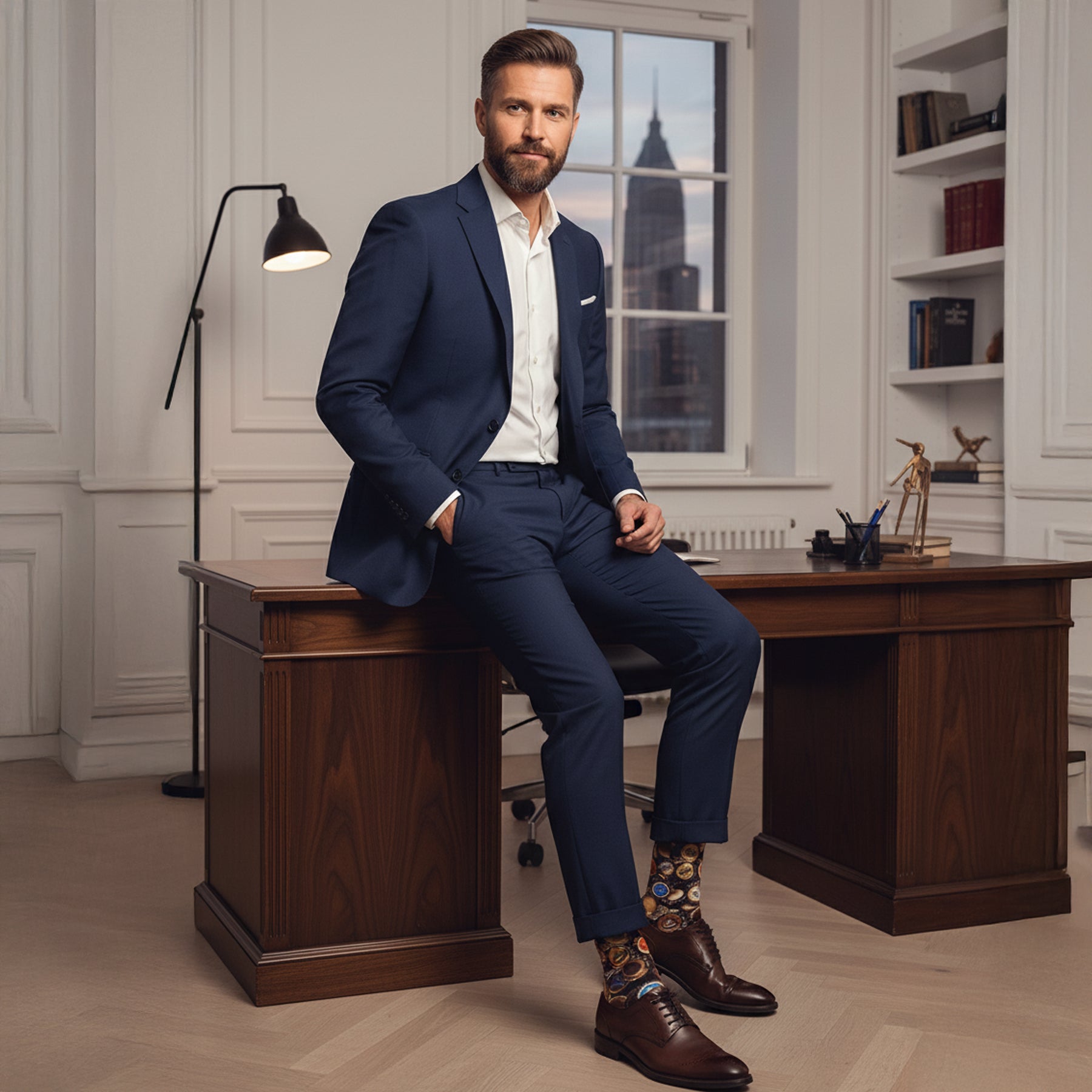 Man in a navy suit sitting on a desk, showing patterned beer-themed socks styled with brown dress shoes.
