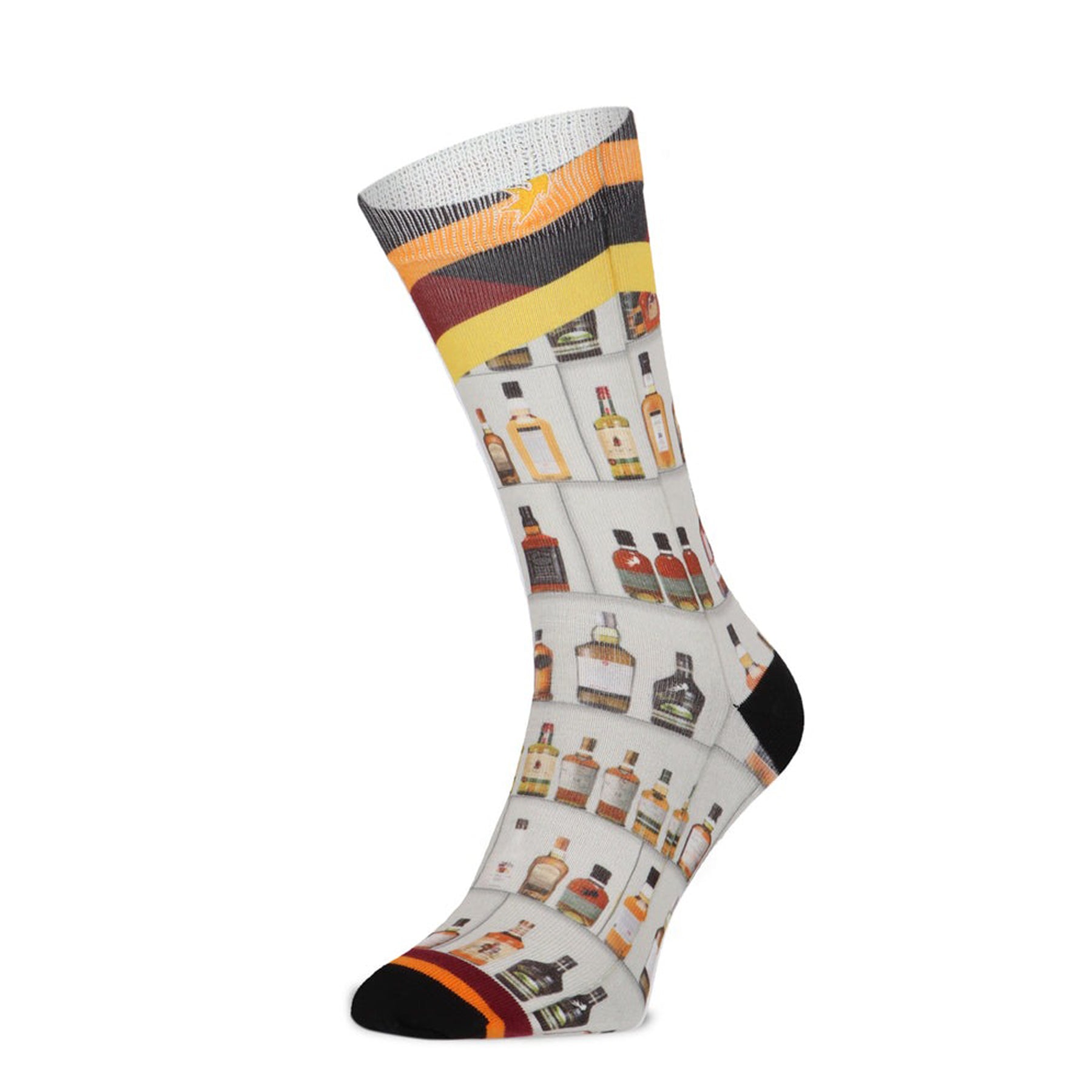 Single sock with liquor bottle pattern and multicolour striped top, shown from side angle.