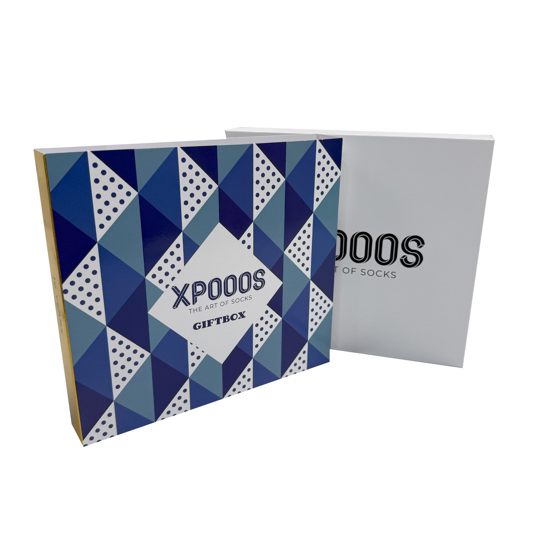 XP000S gift box with geometric blue and white design and “The Art of Socks” logo.