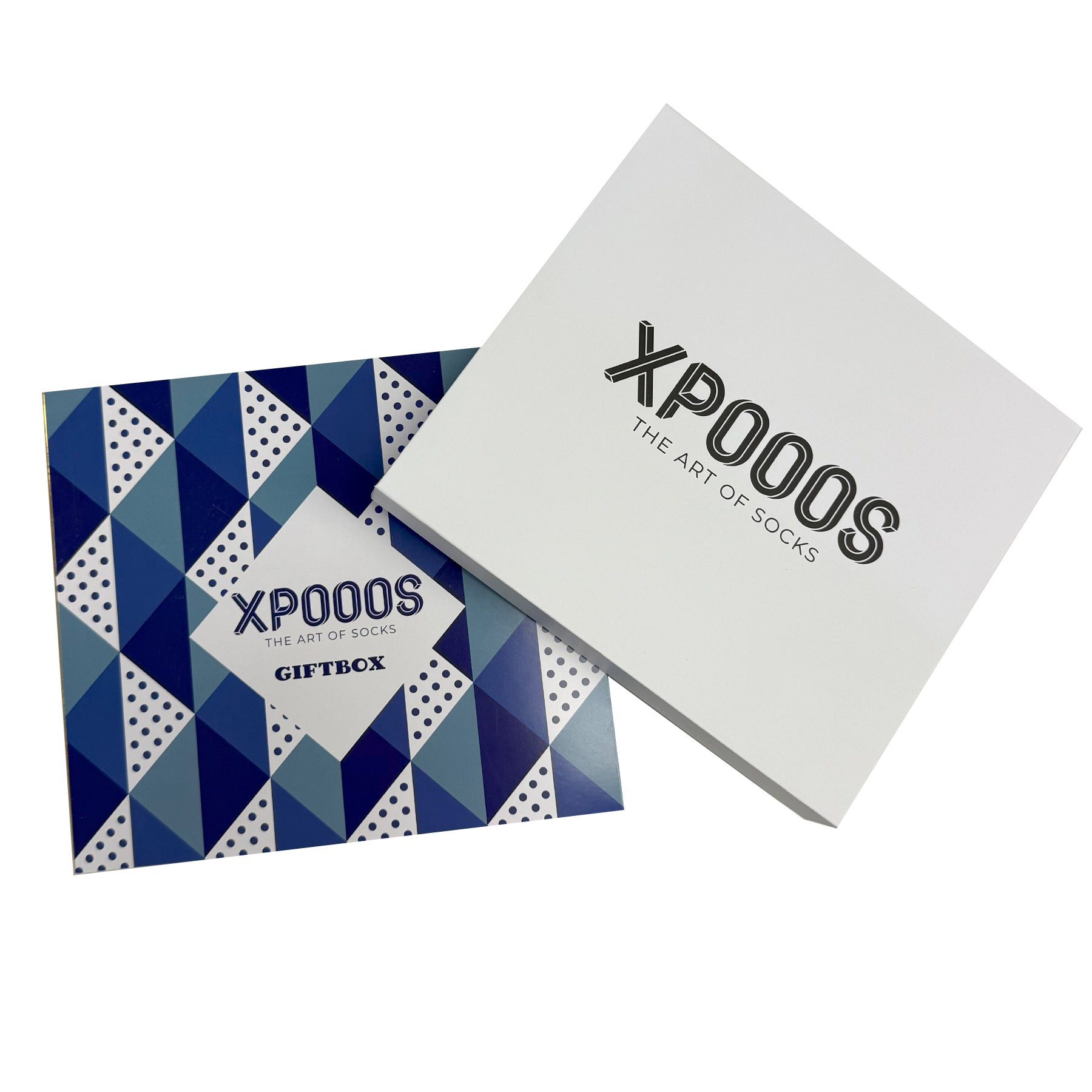 Overhead view of XP000S gift box and lid featuring blue geometric and white designs.