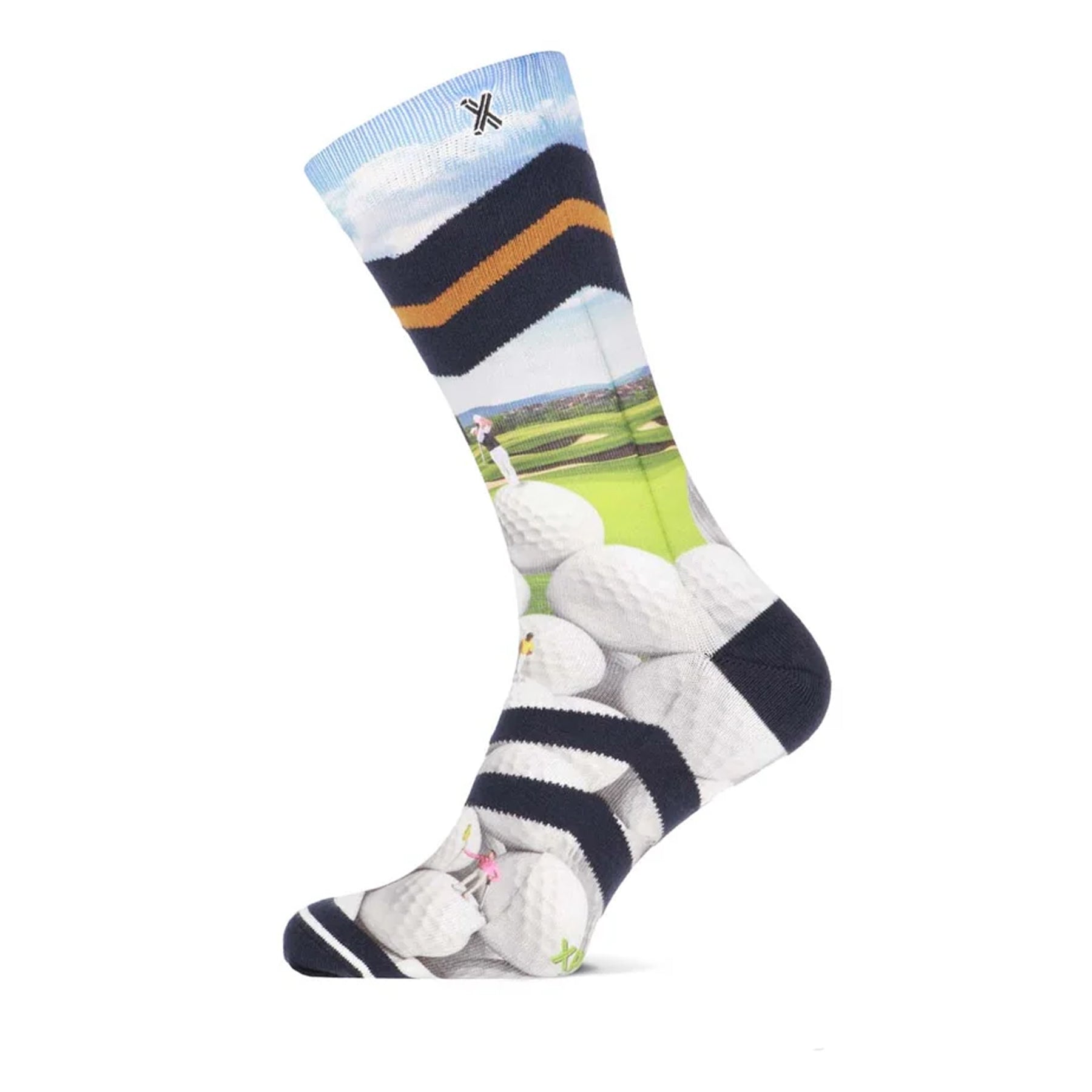 Golf-themed crew sock featuring golf balls, course scenery, navy and gold stripes, and a light blue sky-inspired cuff.
