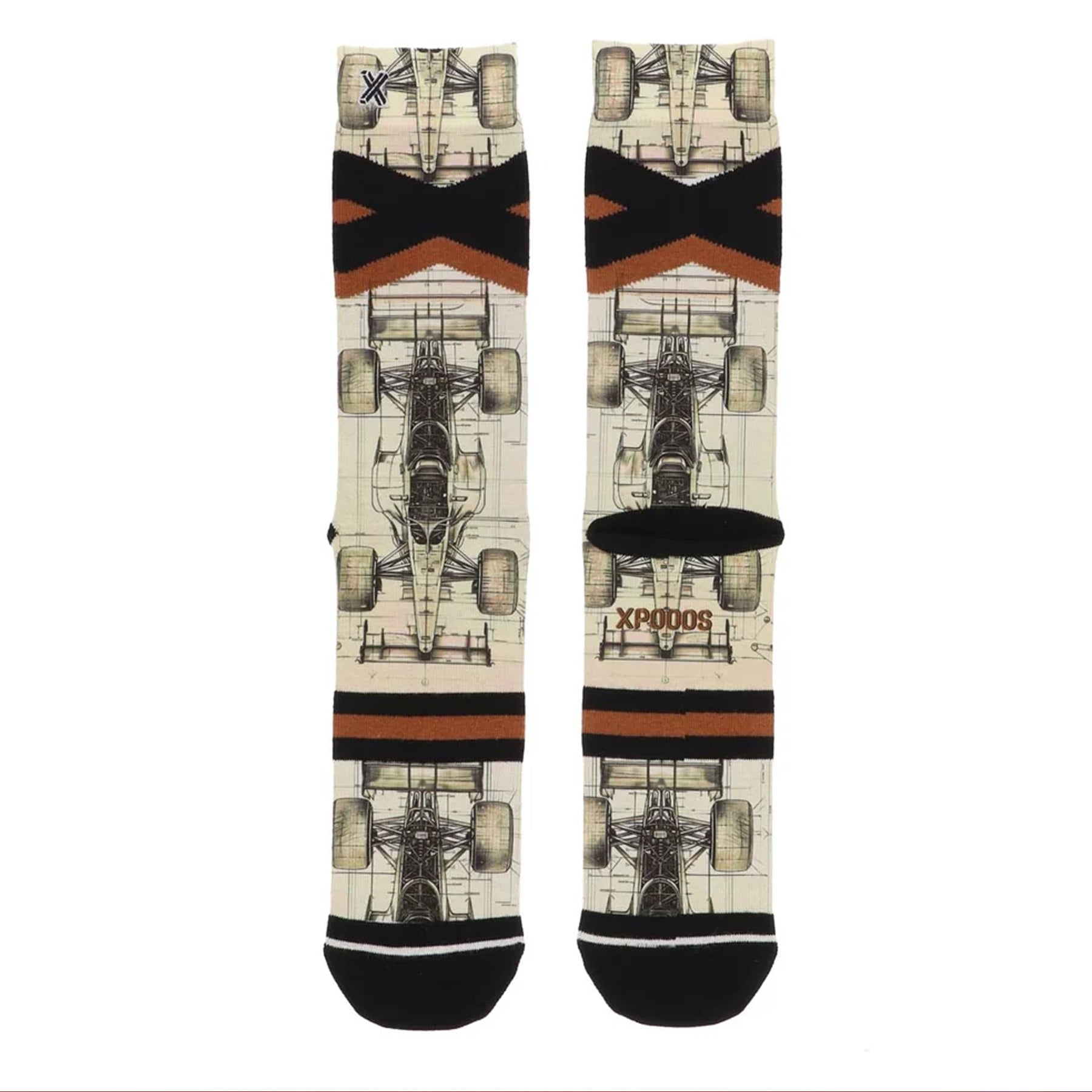Formula 1-inspired crew socks featuring detailed race car illustrations on a cream background with black and rust striped accents.