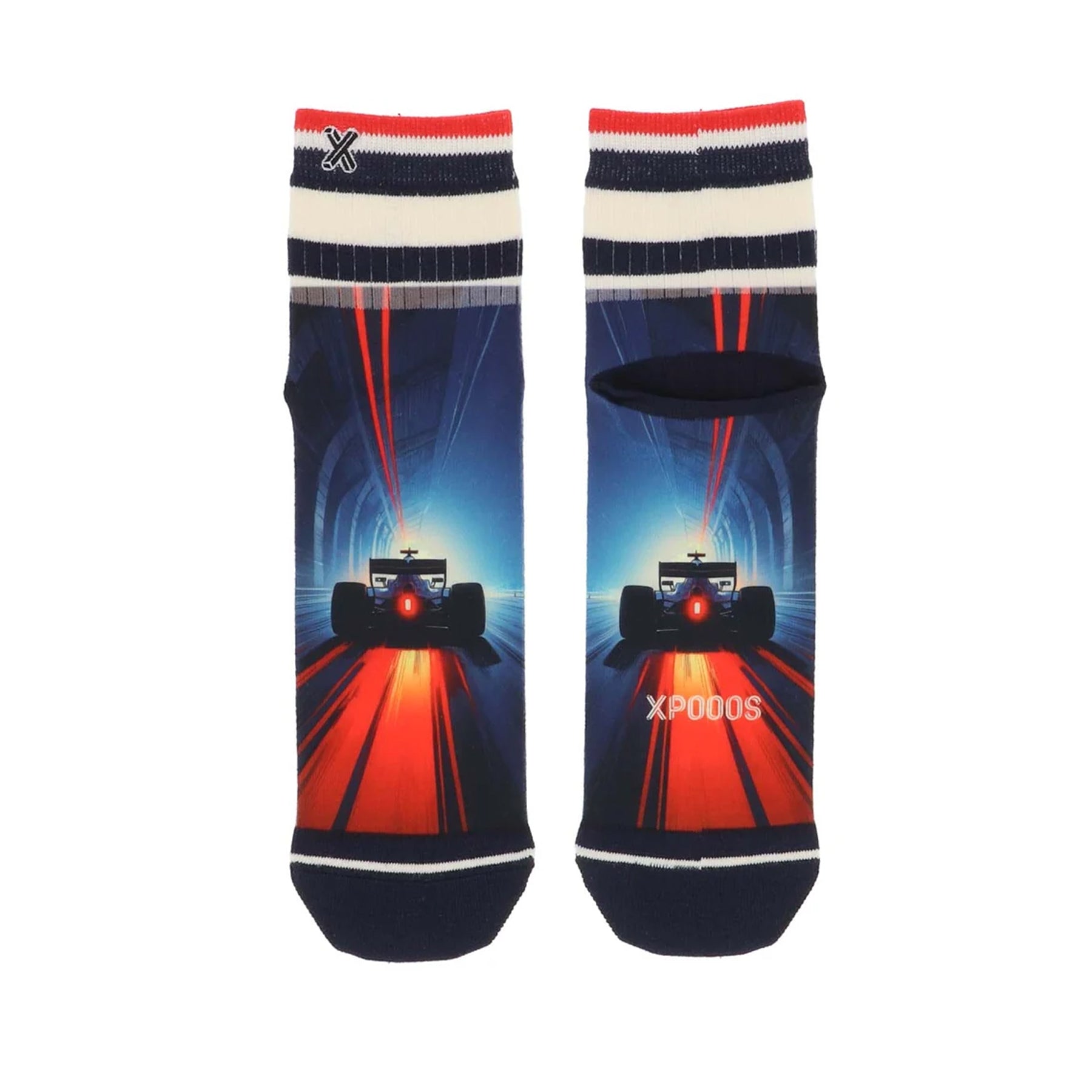 XPooos race car ankle socks featuring a high-speed racing scene in blue, navy, and red.