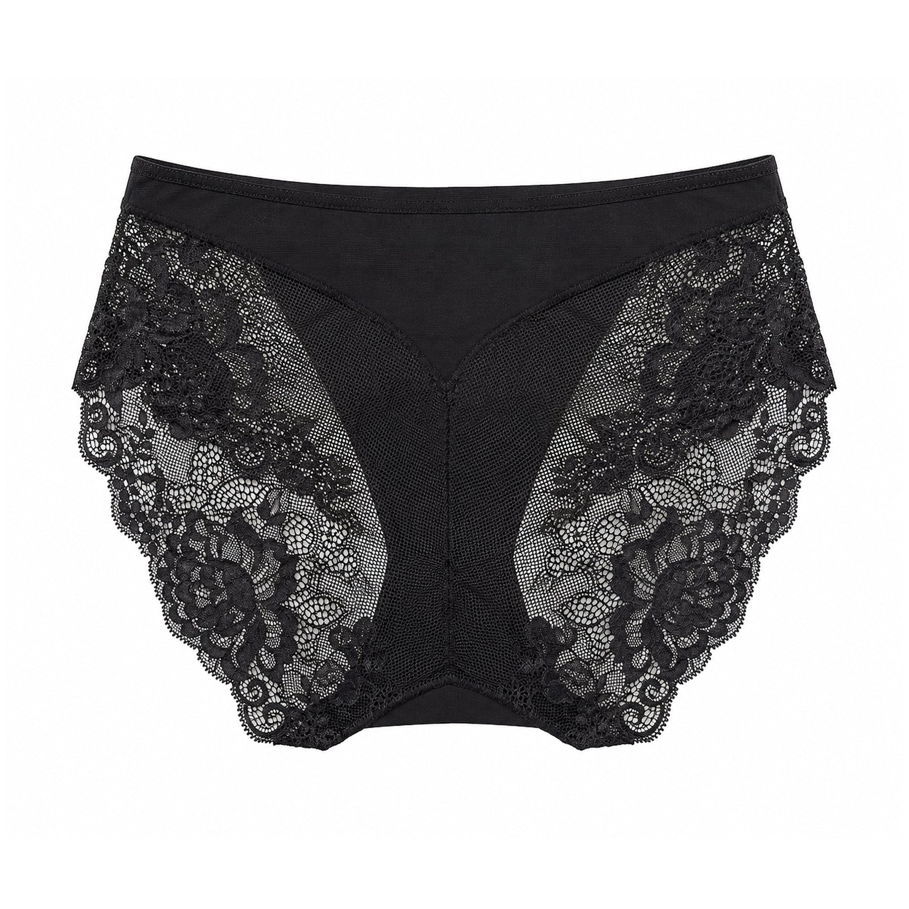 Back view of black seamless brief showcasing floral lace back panels and soft, invisible-under-clothing design.