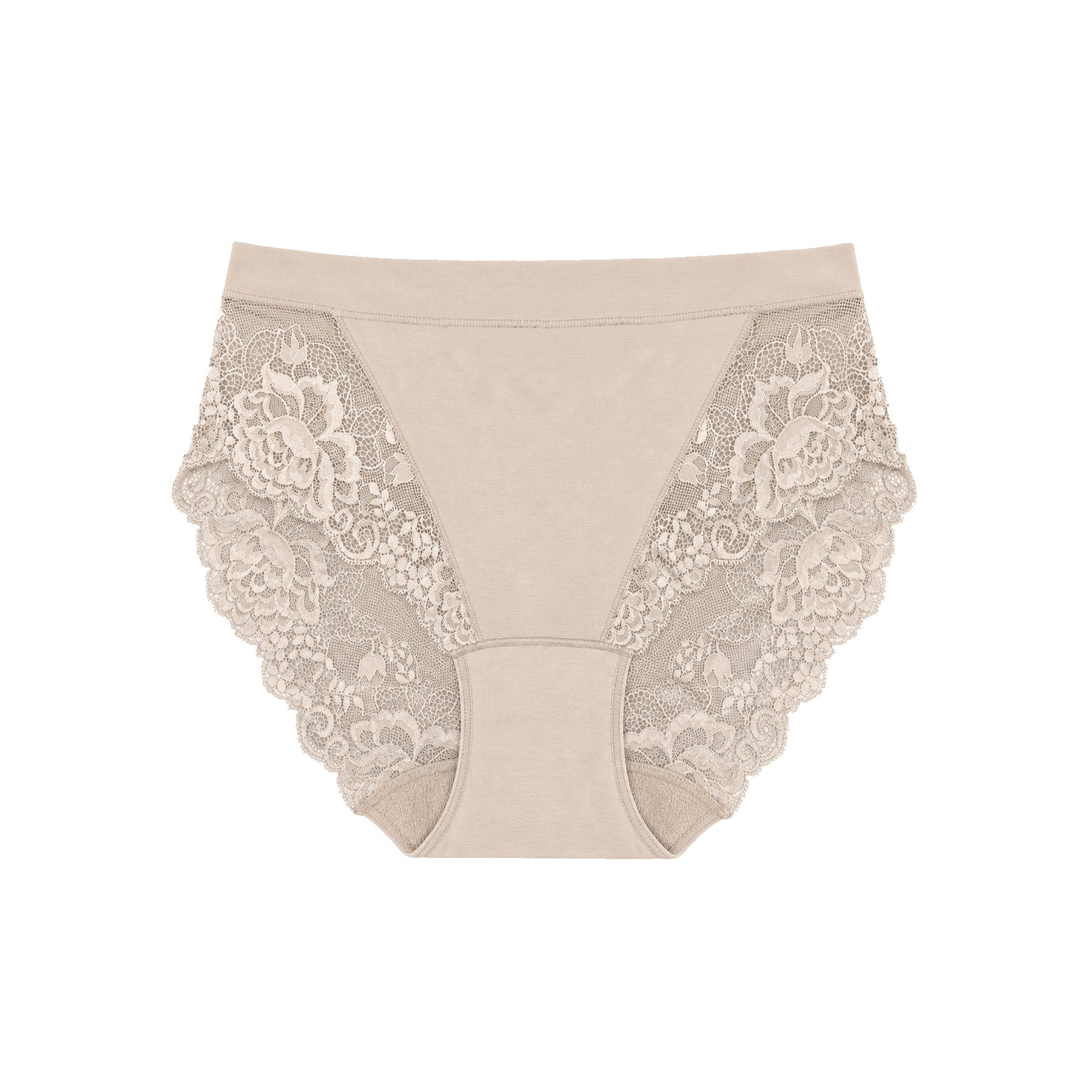 Back view of nude seamless brief with floral lace back panels, scalloped edges, and a smooth silhouette.